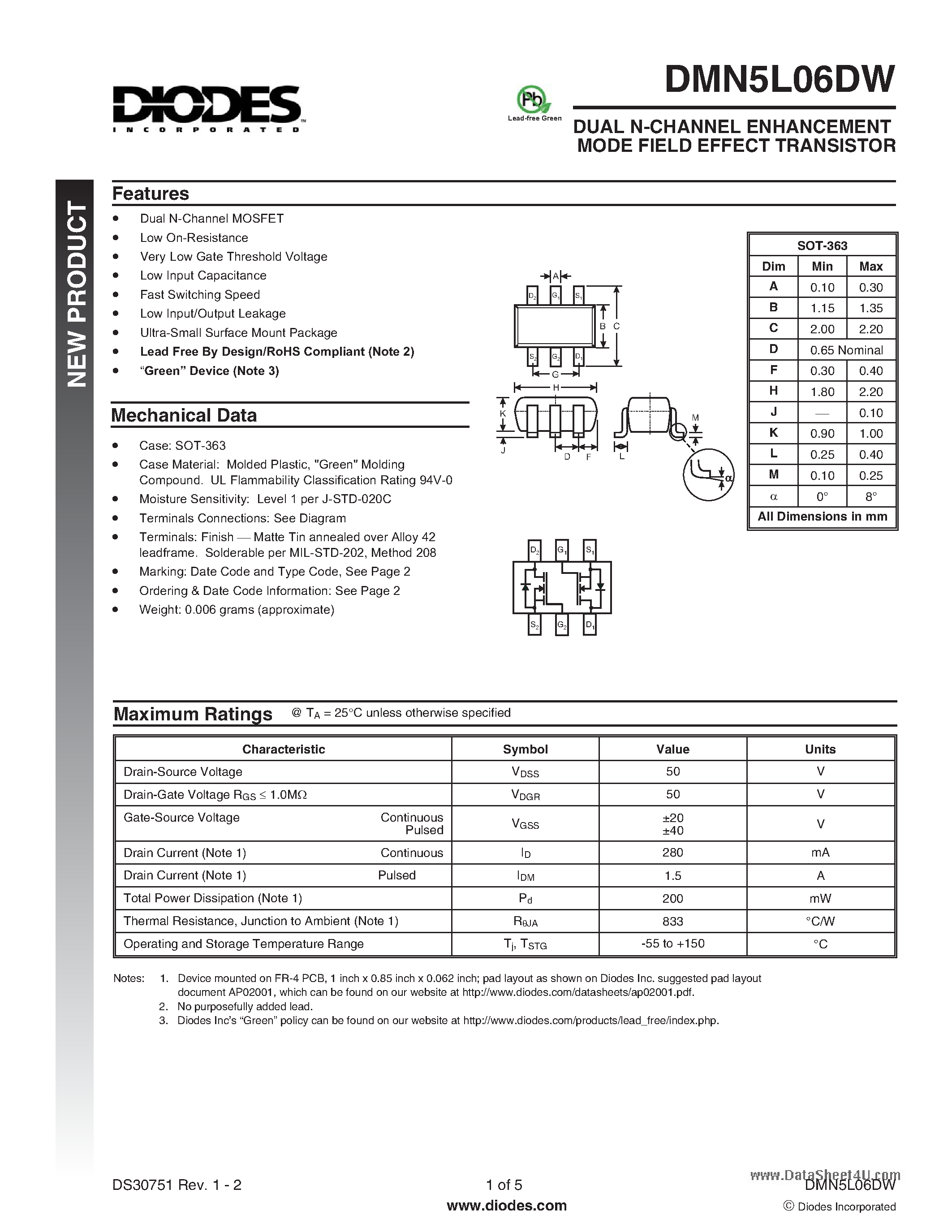 Даташит DMN5L06DW - DUAL N-CHANNEL ENHANCEMENT MODE FIELD EFFECT TRANSISTOR страница 1