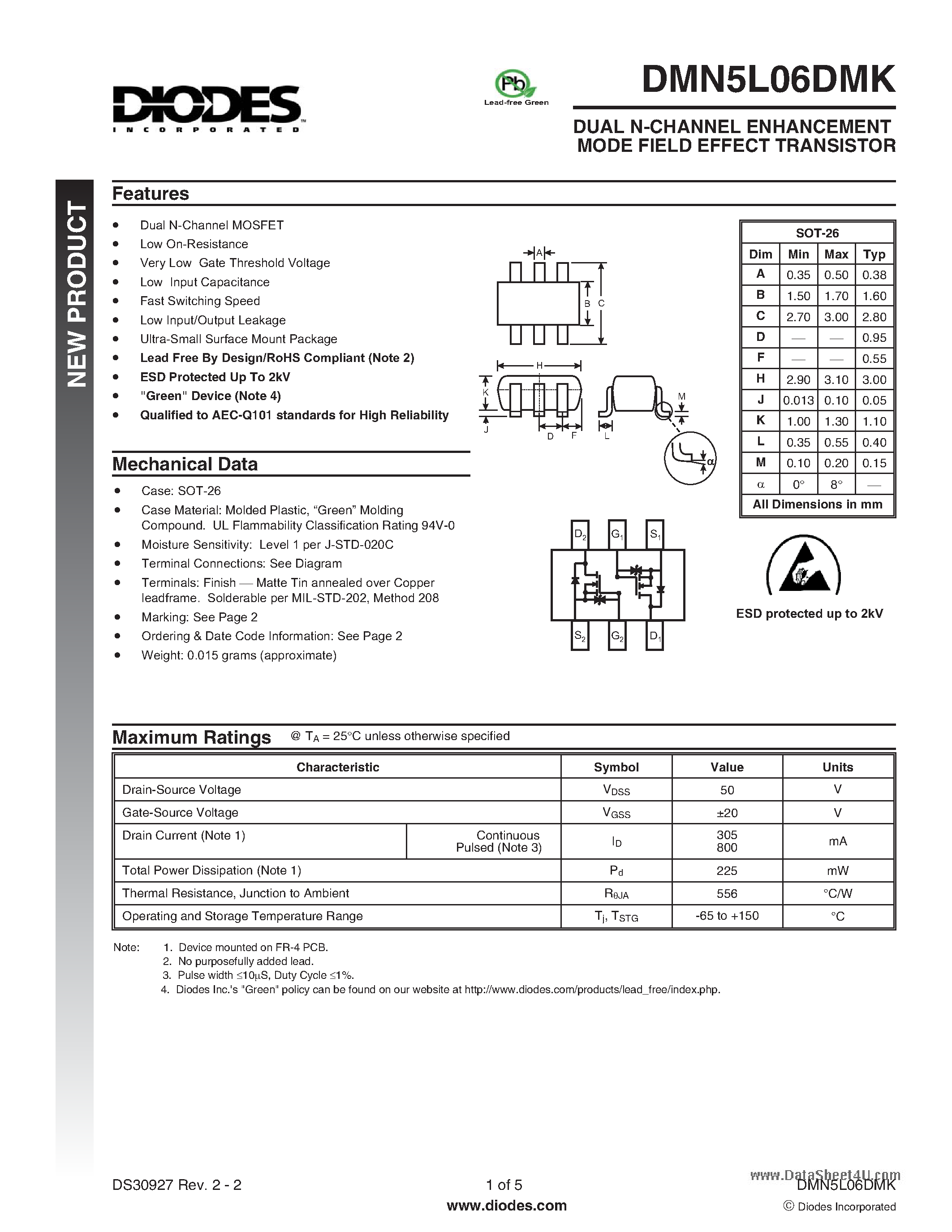 Даташит DMN5L06DMK - DUAL N-CHANNEL ENHANCEMENT MODE FIELD EFFECT TRANSISTOR страница 1