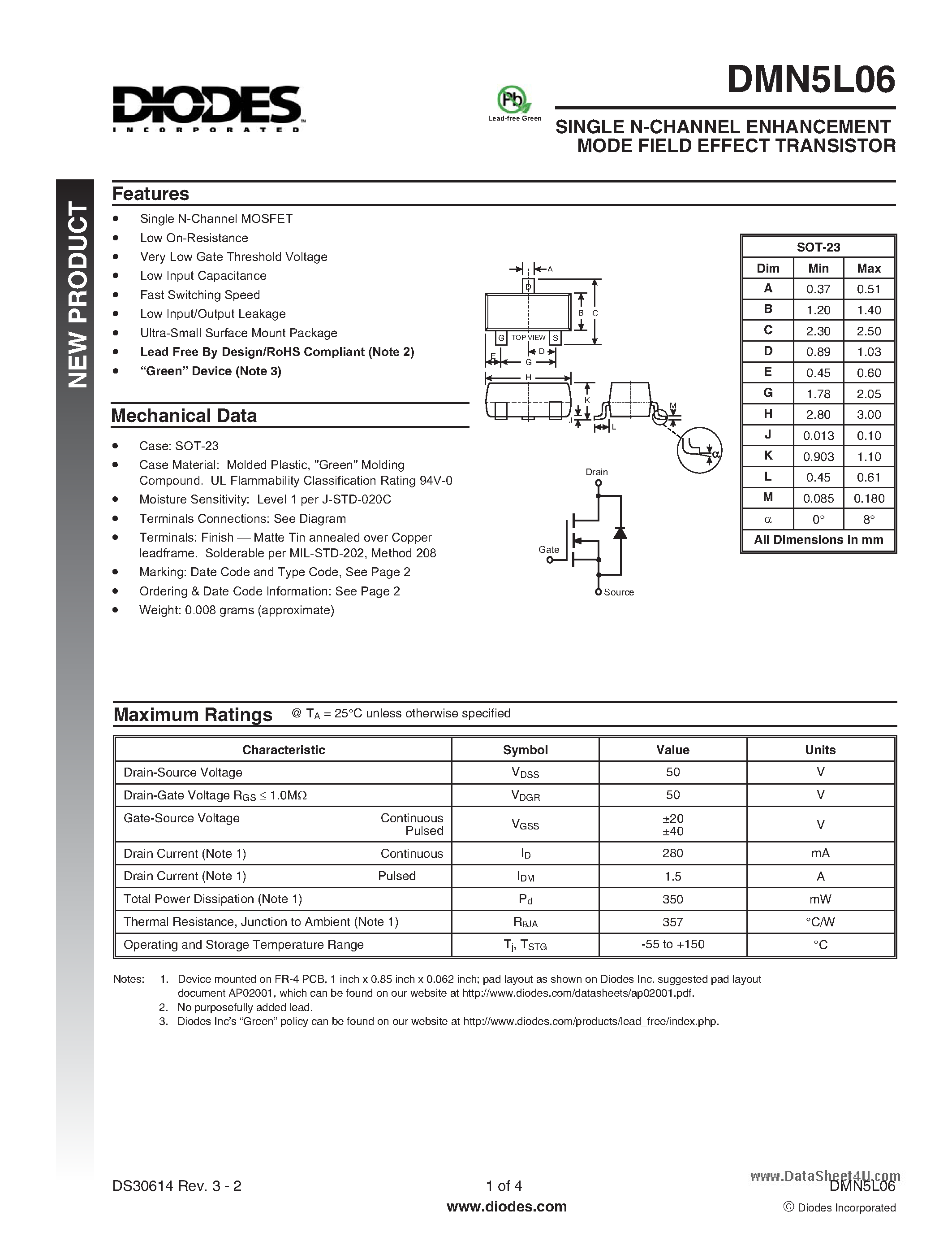 Даташит DMN5L06 - SINGLE N-CHANNEL ENHANCEMENT MODE FIELD EFFECT TRANSISTOR страница 1