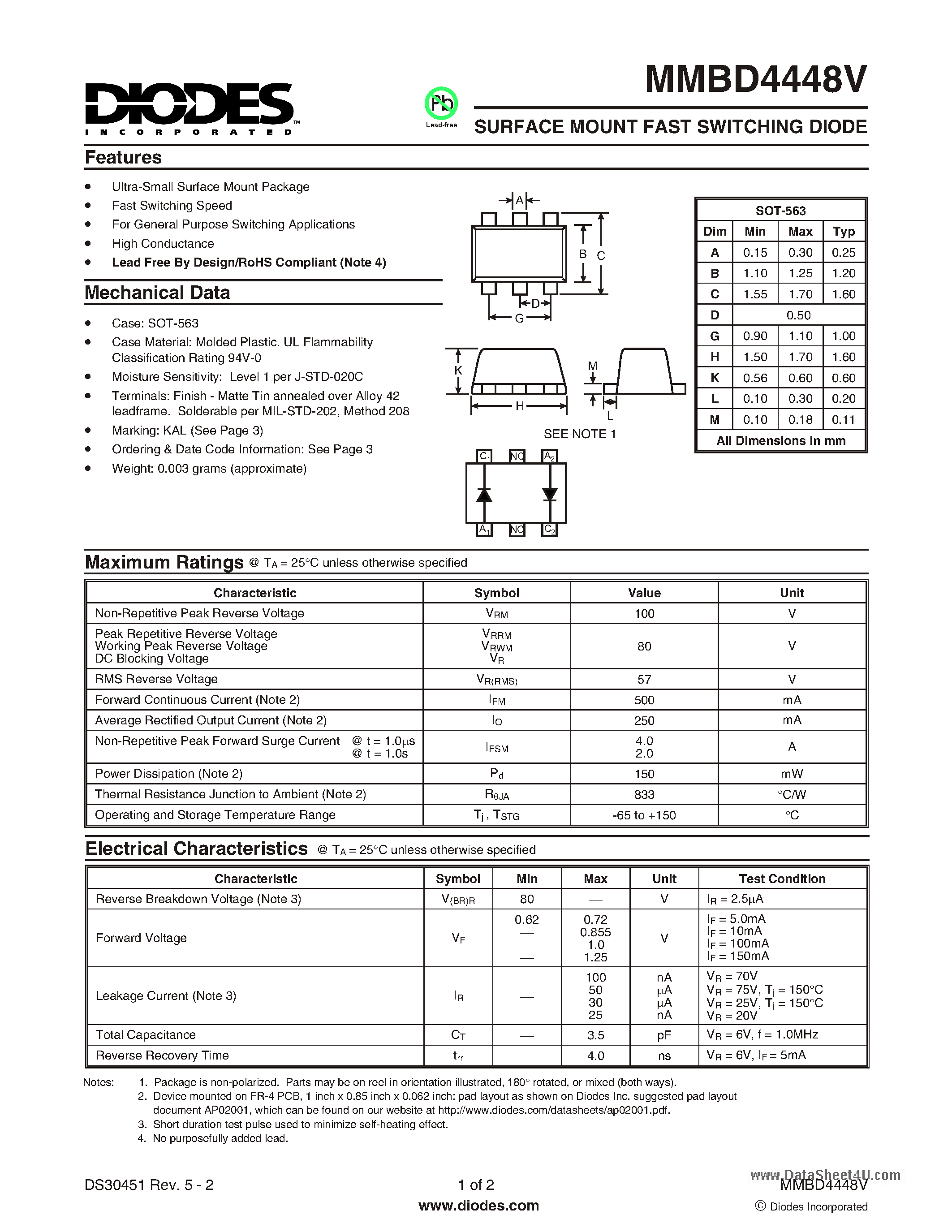 Даташит MMBD4448V - SURFACE MOUNT FAST SWITCHING DIODE страница 1