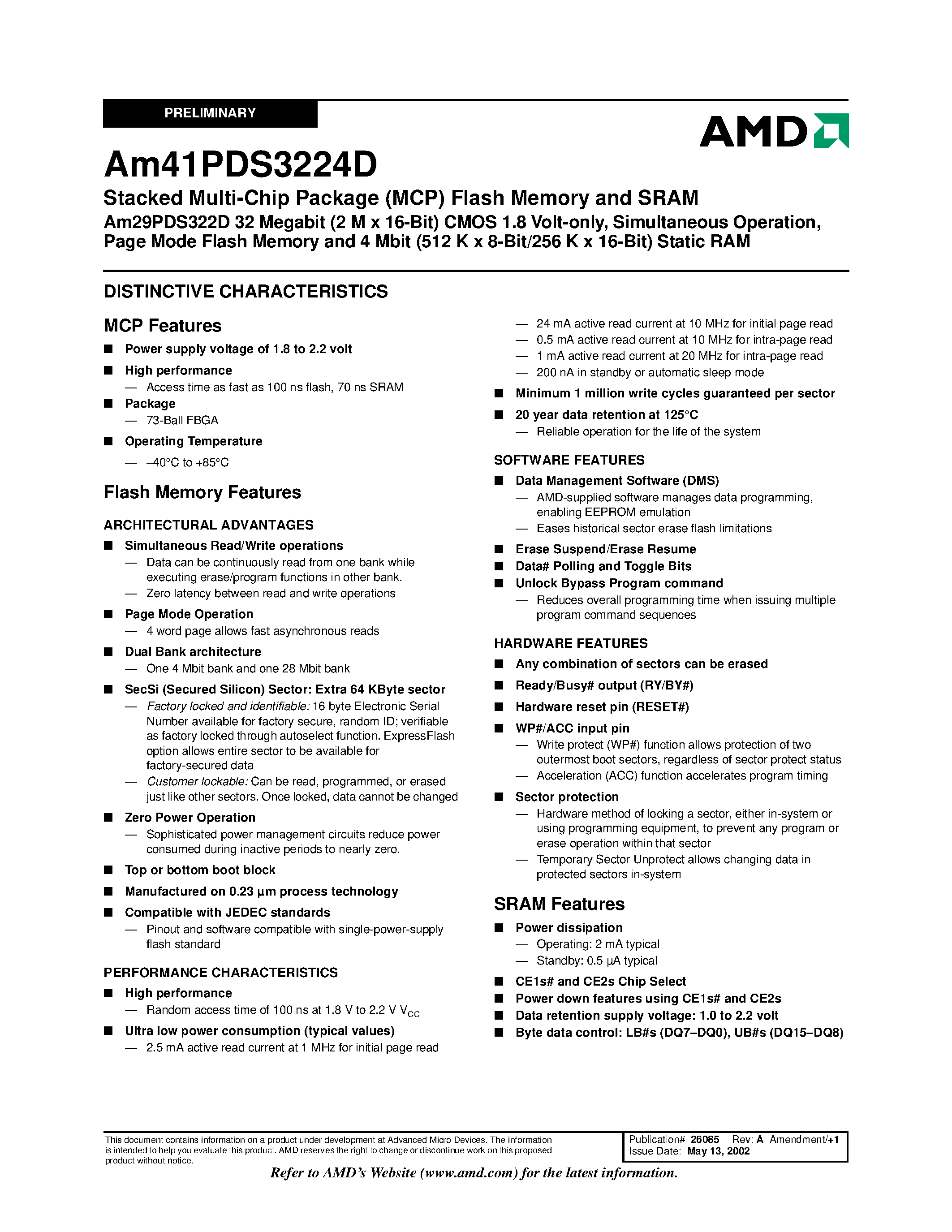 Datasheet AM41PDS3224D - Page Mode Flash Memory and 4 Mbit (512 K x 8-Bit/256 K x 16-Bit) Static RAM page 2