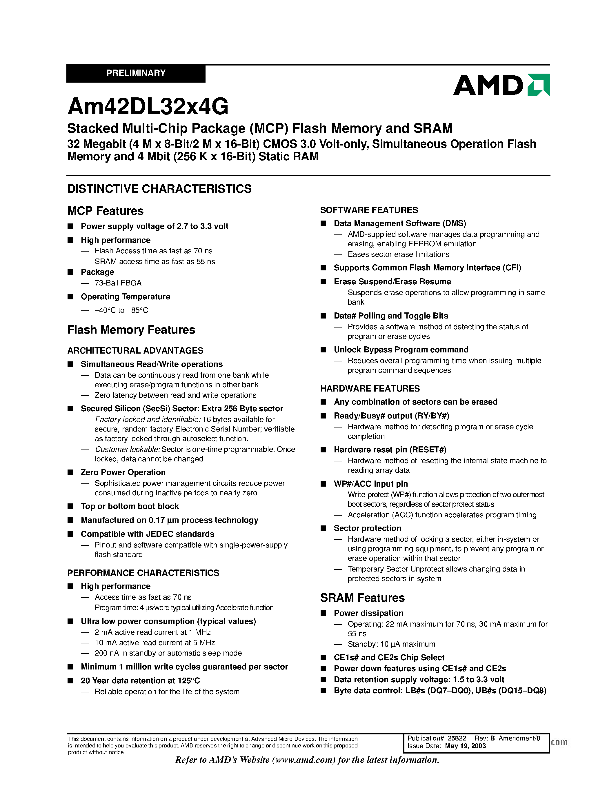 Datasheet AM42DL32X4G - Simultaneous Operation Flash Memory and 4 Mbit (256 K x 16-Bit) Static RAM page 1