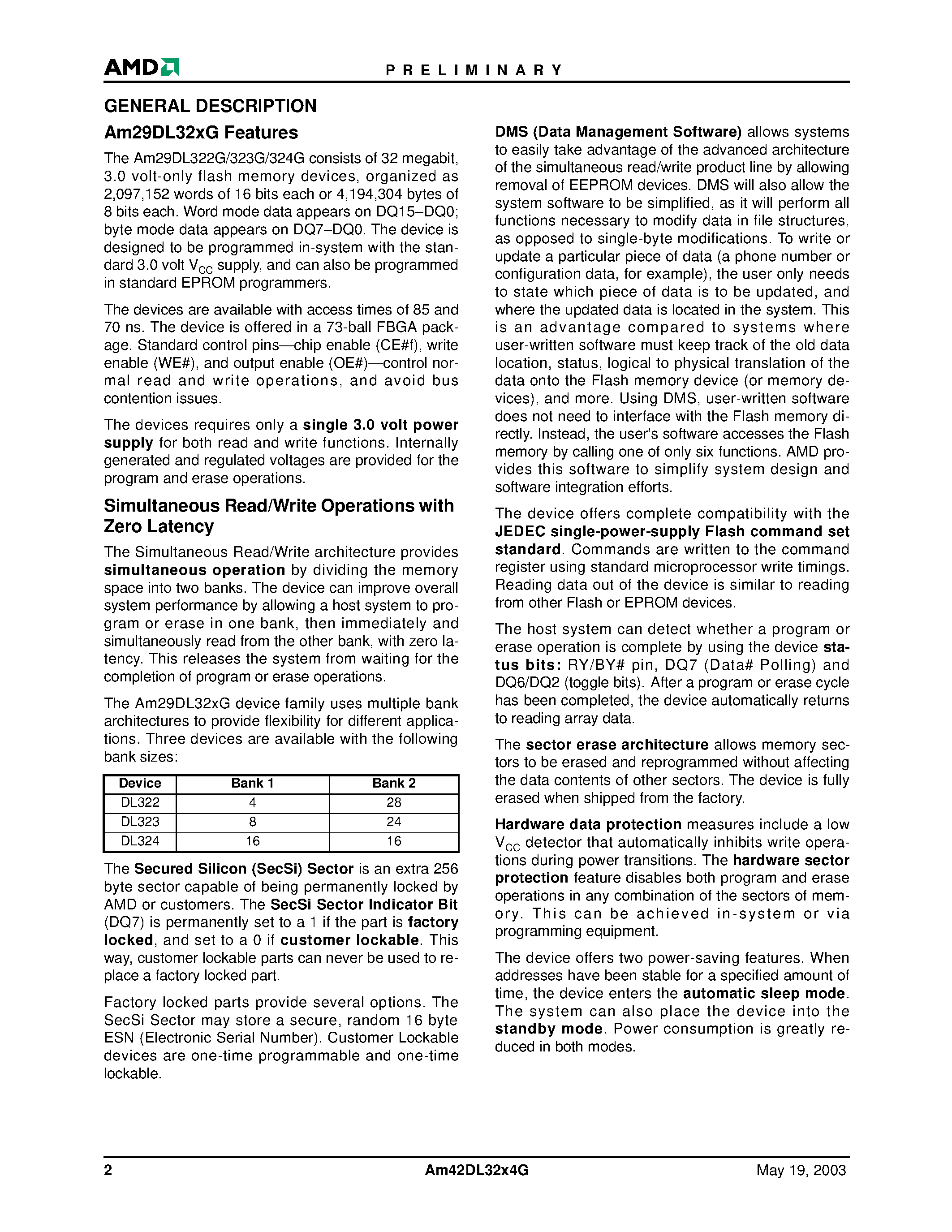 Datasheet AM42DL32X4G - Simultaneous Operation Flash Memory and 4 Mbit (256 K x 16-Bit) Static RAM page 2