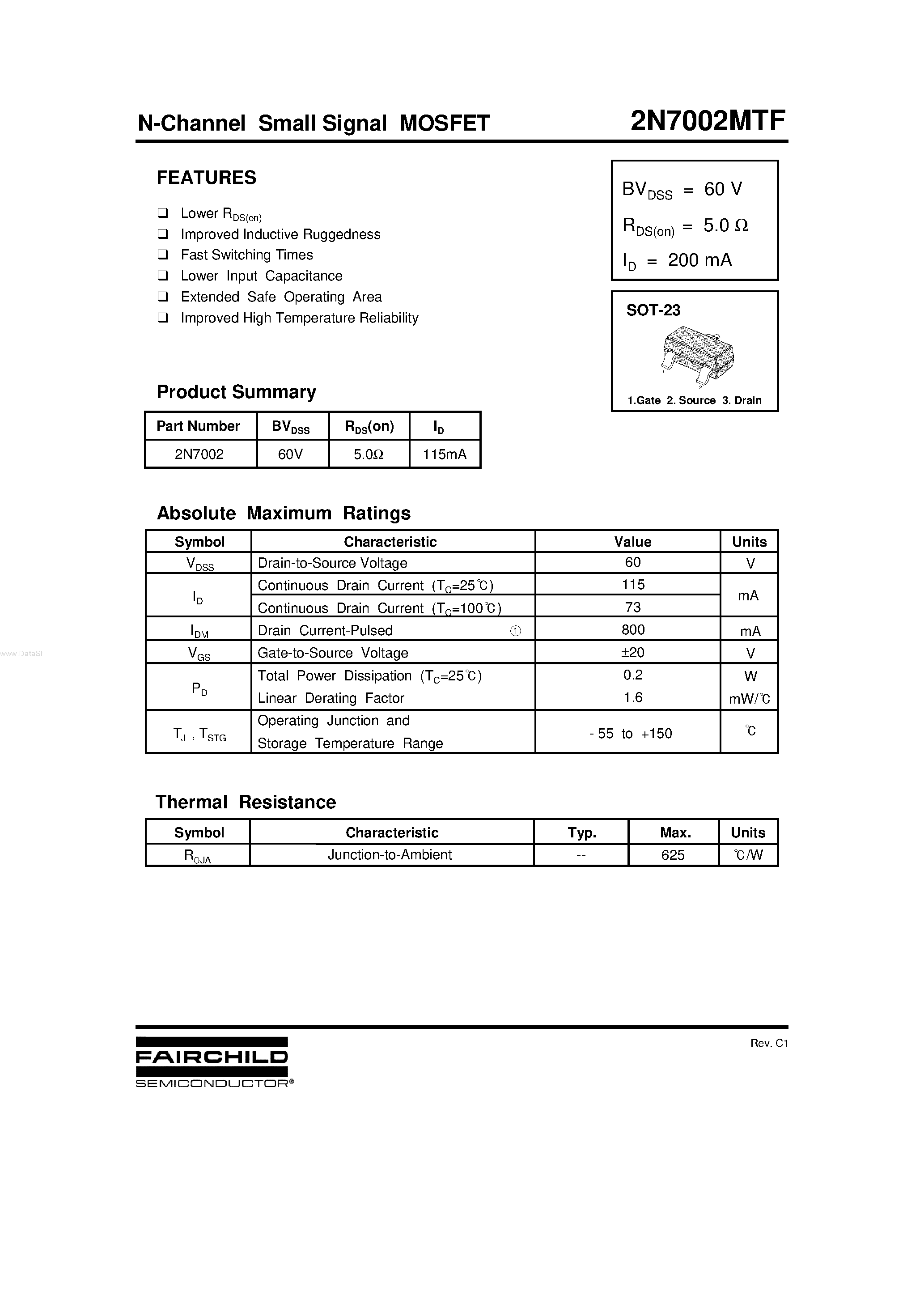 Даташит 2N7002MTF - N-Channel Small Signal MOSFET страница 1