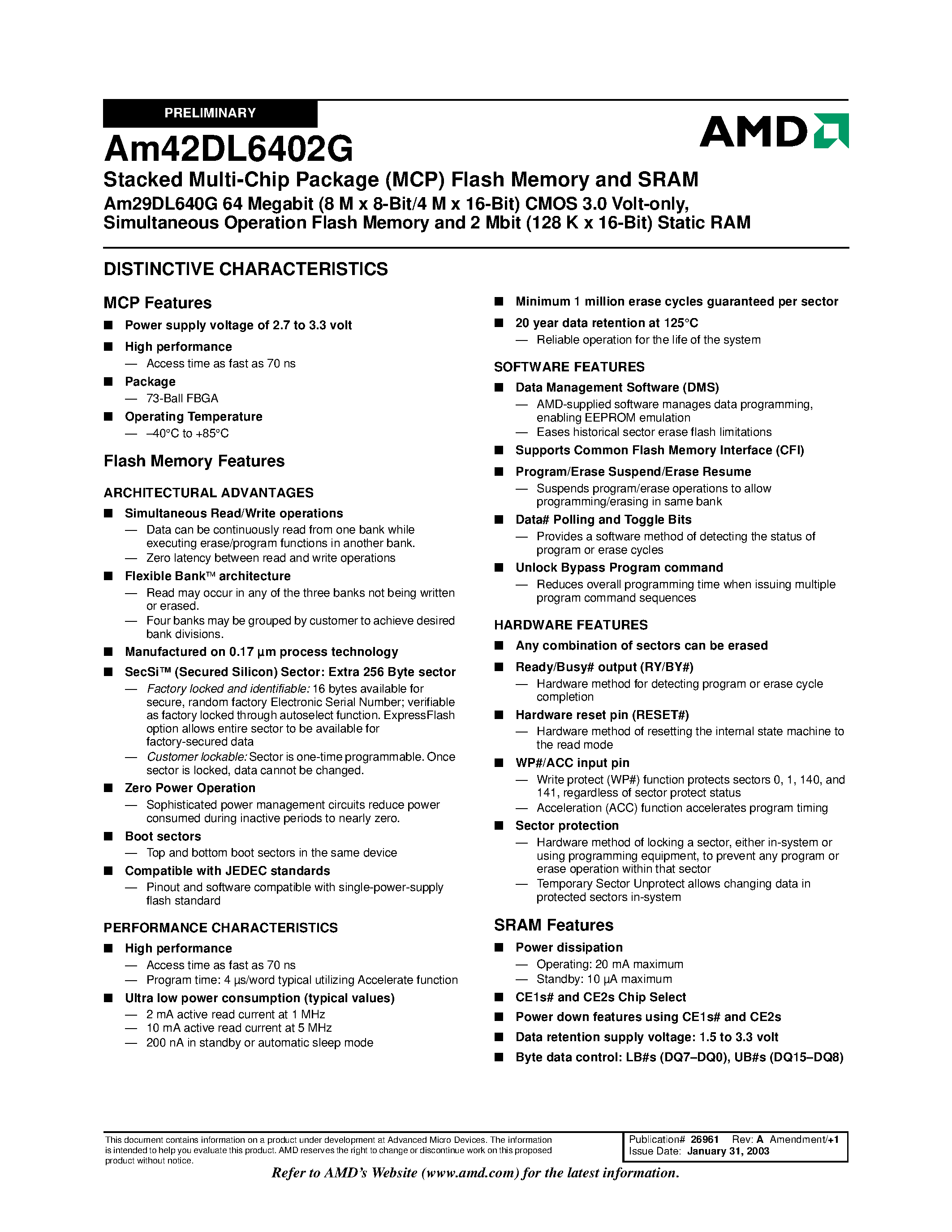 Даташит AM42DL6402G - Simultaneous Operation Flash Memory and 2 Mbit (128 K x 16-Bit) Static RAM страница 2