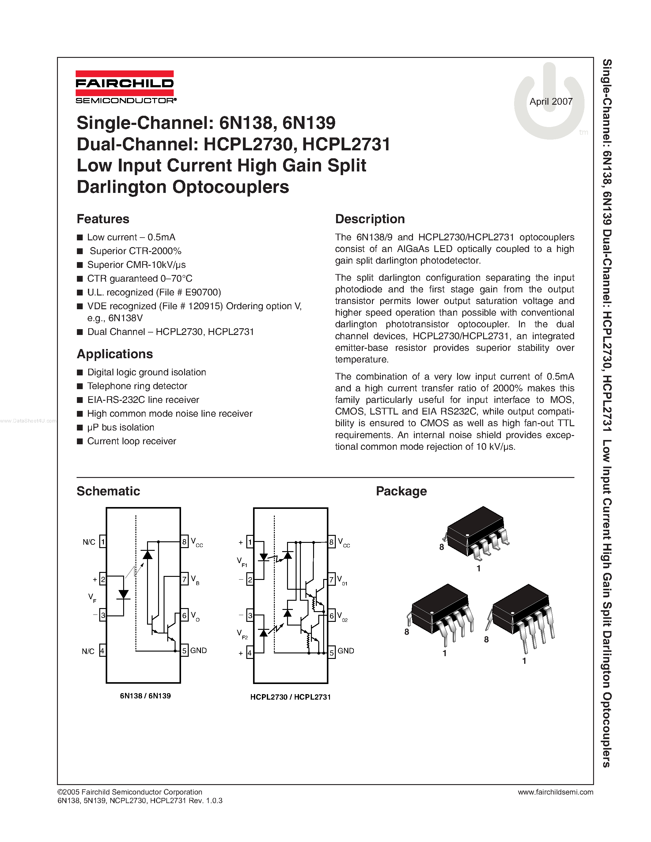 Datasheet HCPL2731 - (HCPL2730 / HCPL2731) Low Input Current High Gain Split Darlington Optocouplers page 1