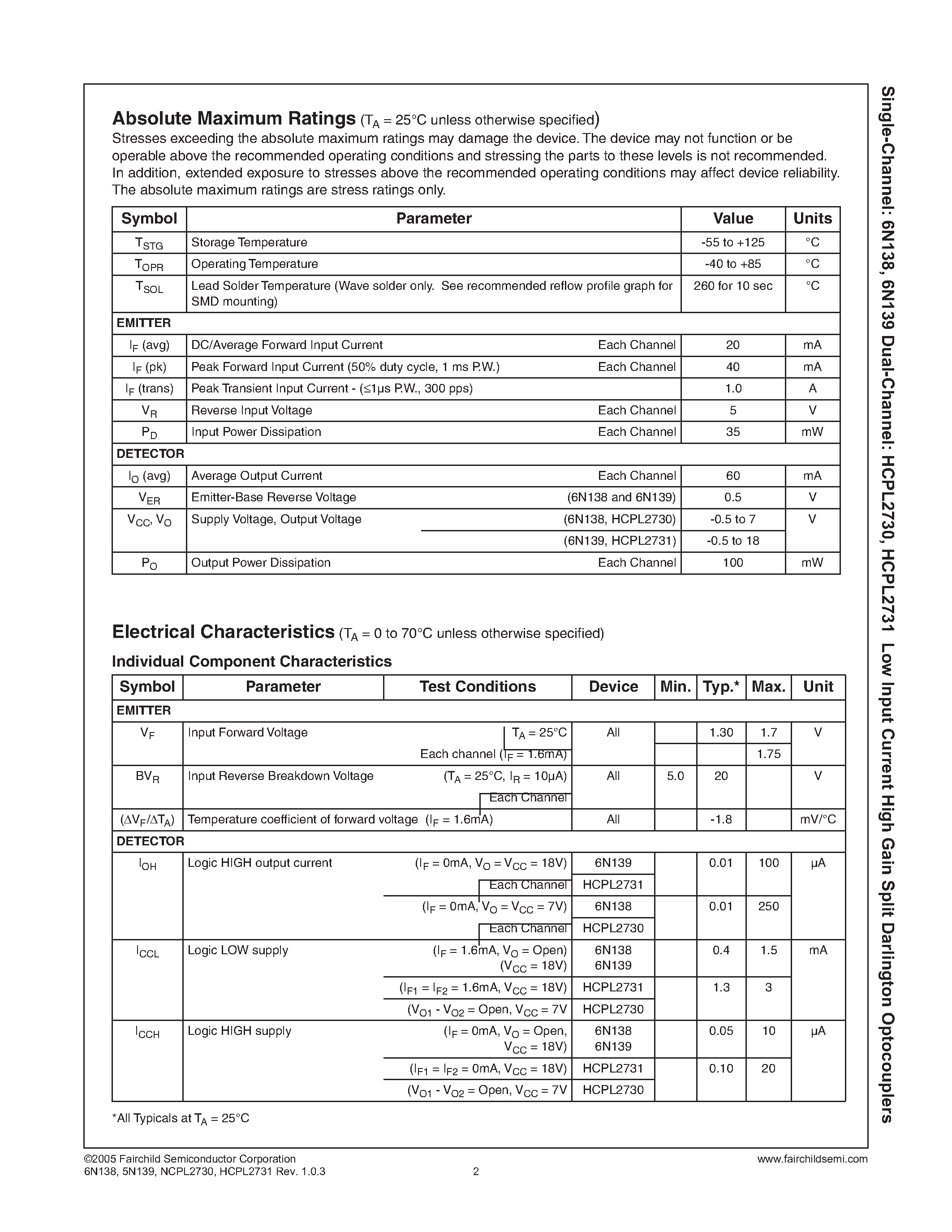 Datasheet HCPL2731 - (HCPL2730 / HCPL2731) Low Input Current High Gain Split Darlington Optocouplers page 2