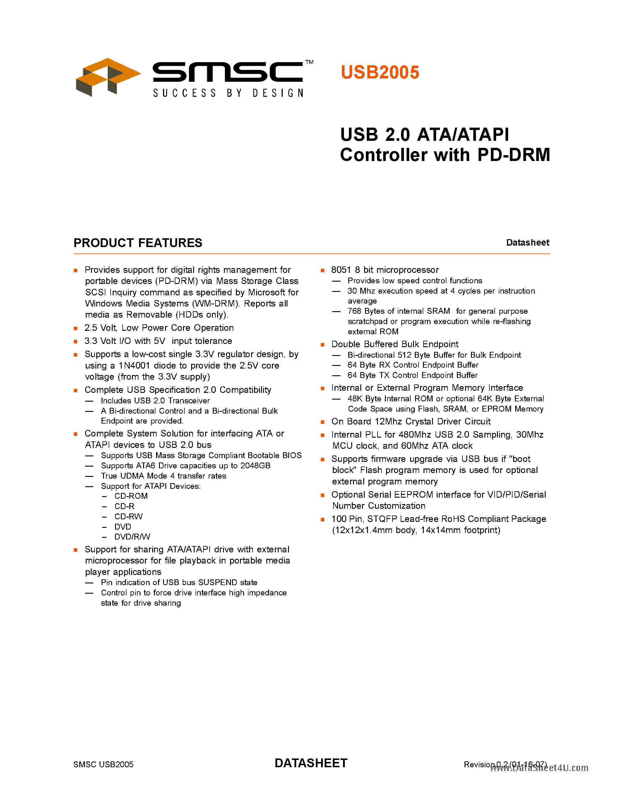 Даташит USB2005 - USB 2.0 ATA/ATAPI Controller страница 1