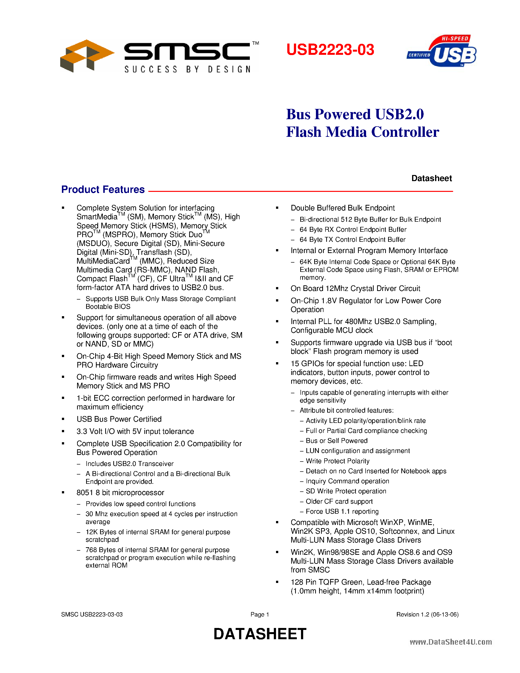 Datasheet USB2223-03 - Bus Powered USB2.0 Flash Media Controller page 1