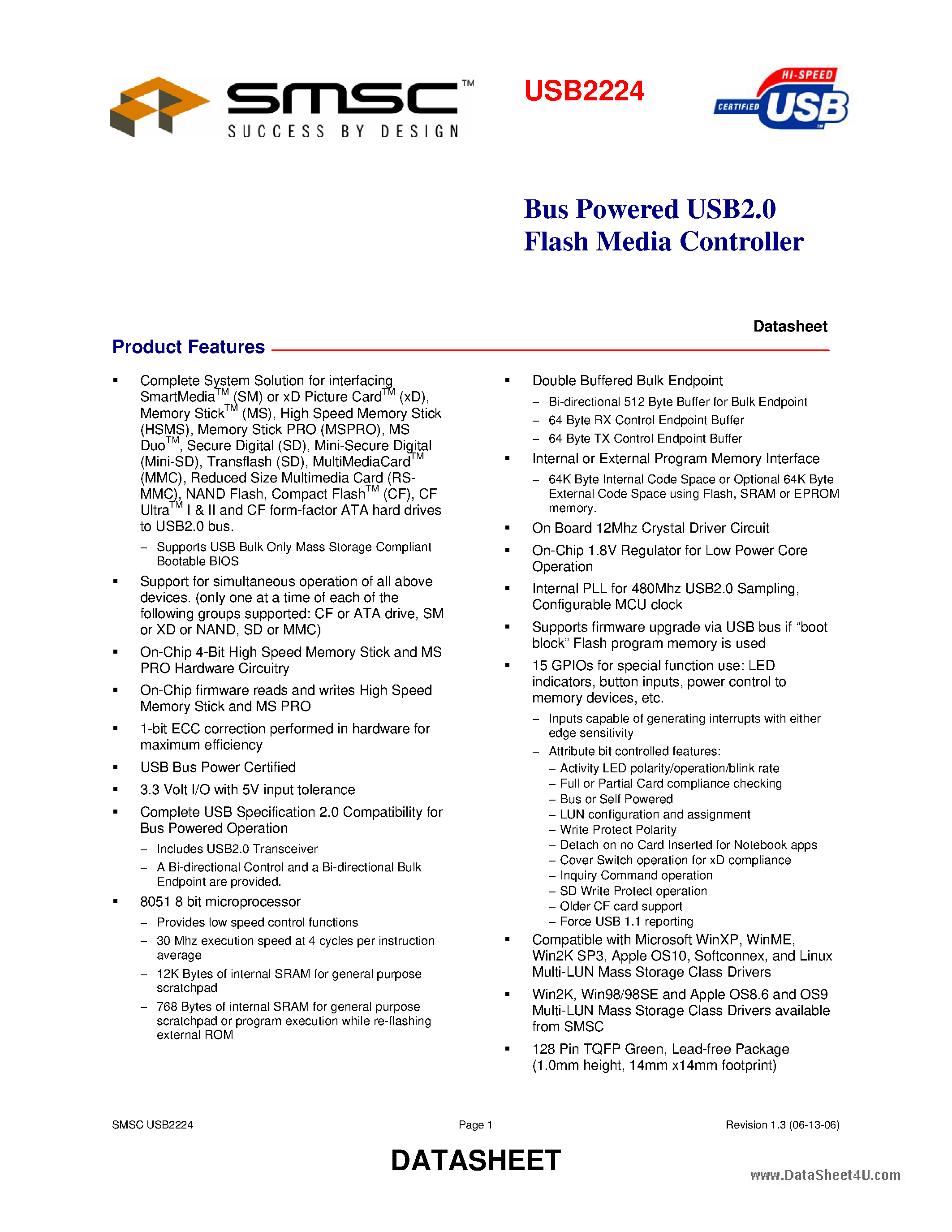 Datasheet USB2224 - Bus Powered USB2.0 Flash Media Controller page 1