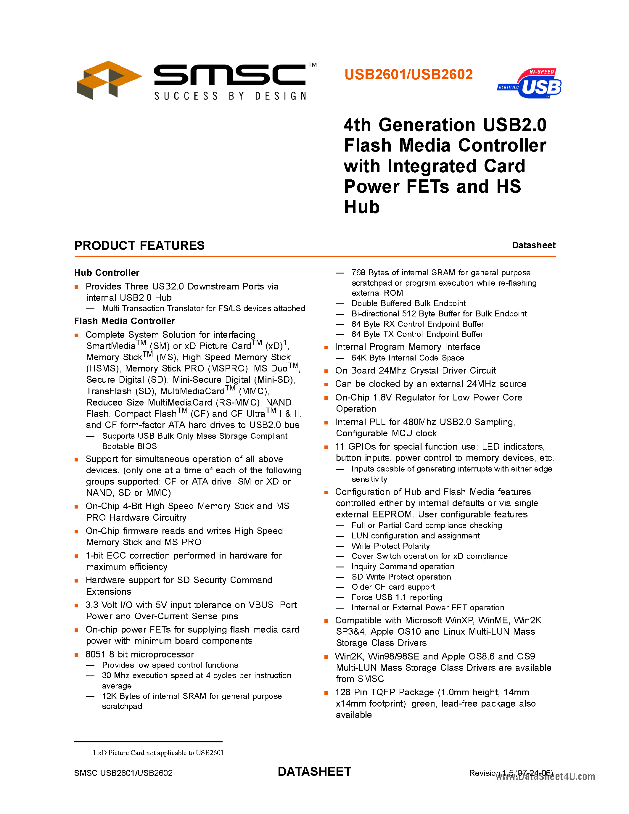 Datasheet USB2601 - (USB2601 / USB2602) 4th Generation USB2.0 Flash Media Controller page 1