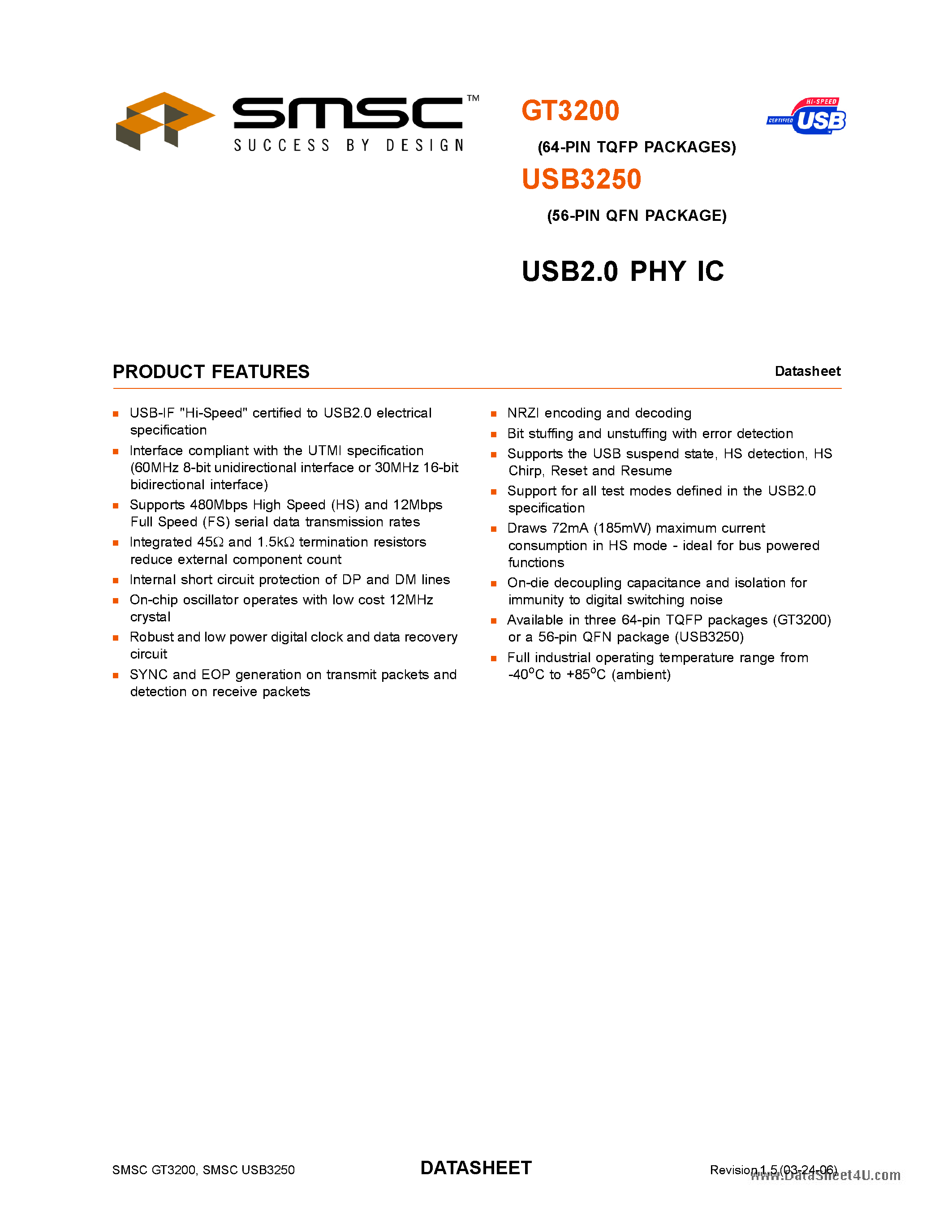 Datasheet USB3250 - USB2.0 PHY IC page 1