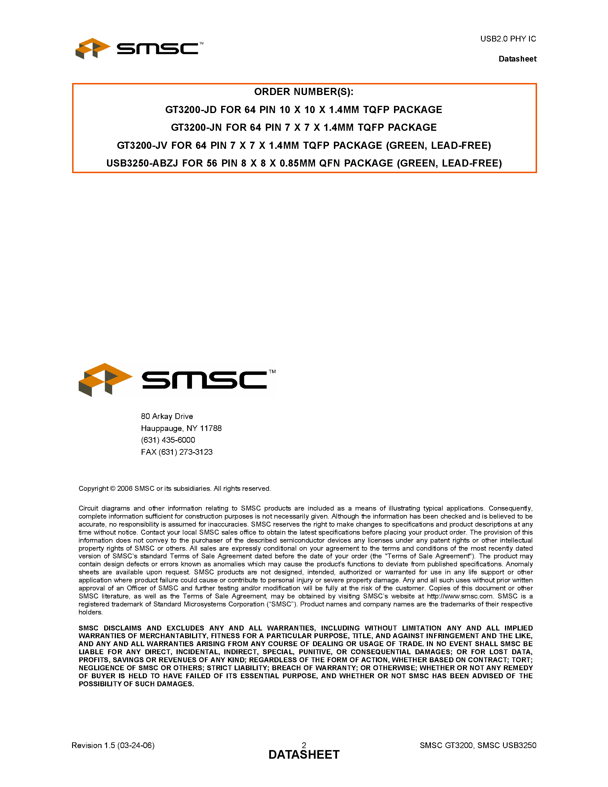 Datasheet USB3250 - USB2.0 PHY IC page 2