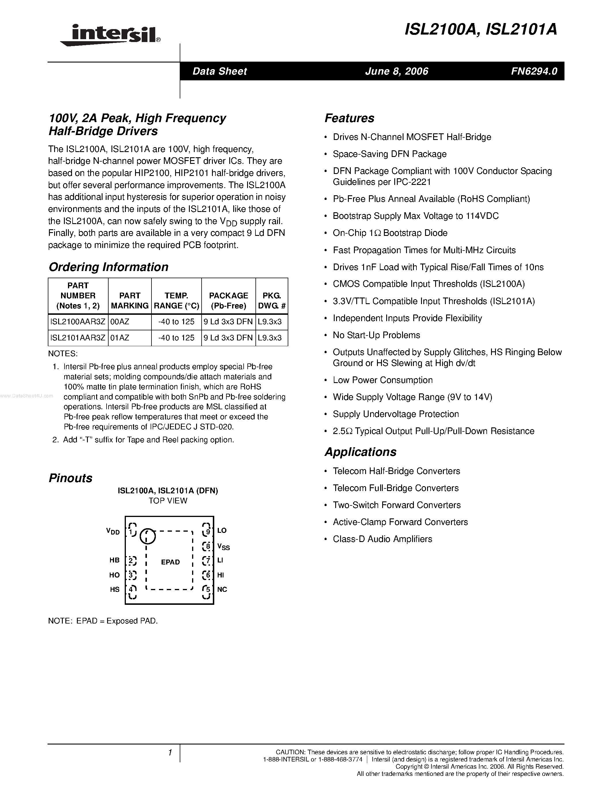 Datasheet ISL2100A - (ISL2100A / ISL2101A) High Frequency Half-Bridge Drivers page 1