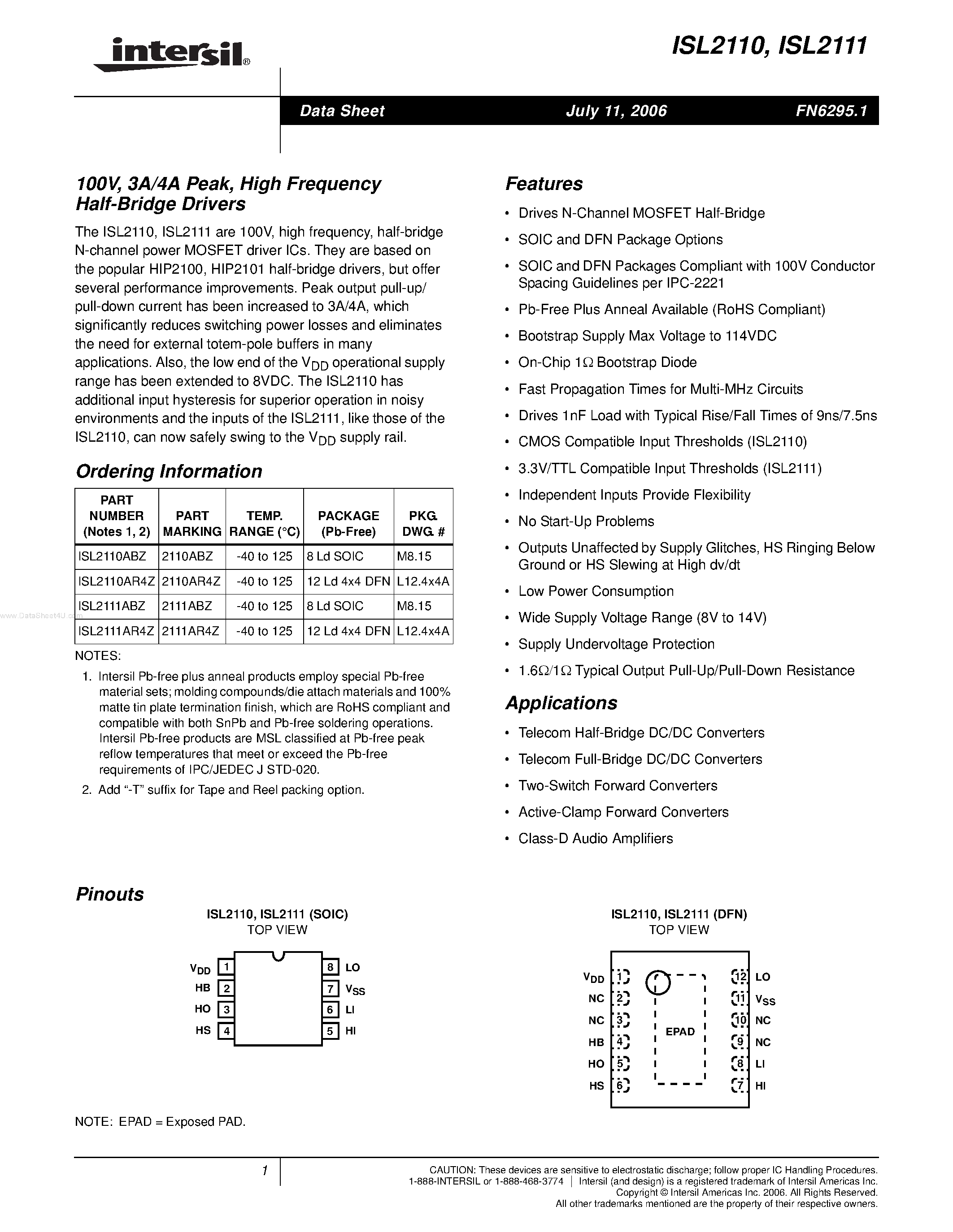 Даташит ISL2110 - (ISL2110 / ISL2111) High Frequency Half-Bridge Drivers страница 1