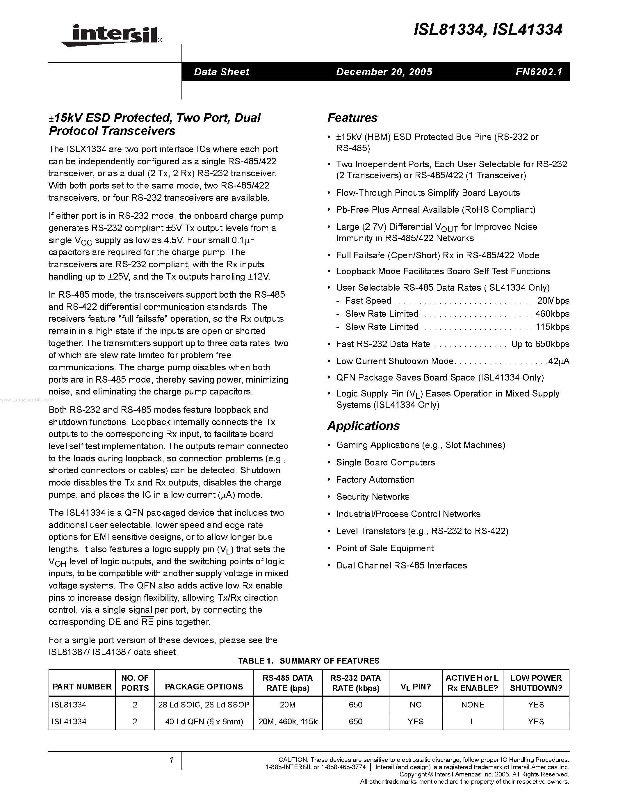 Datasheet ISL41334 - (ISL41334 / ISL81334) Dual Protocol Transceivers page 1