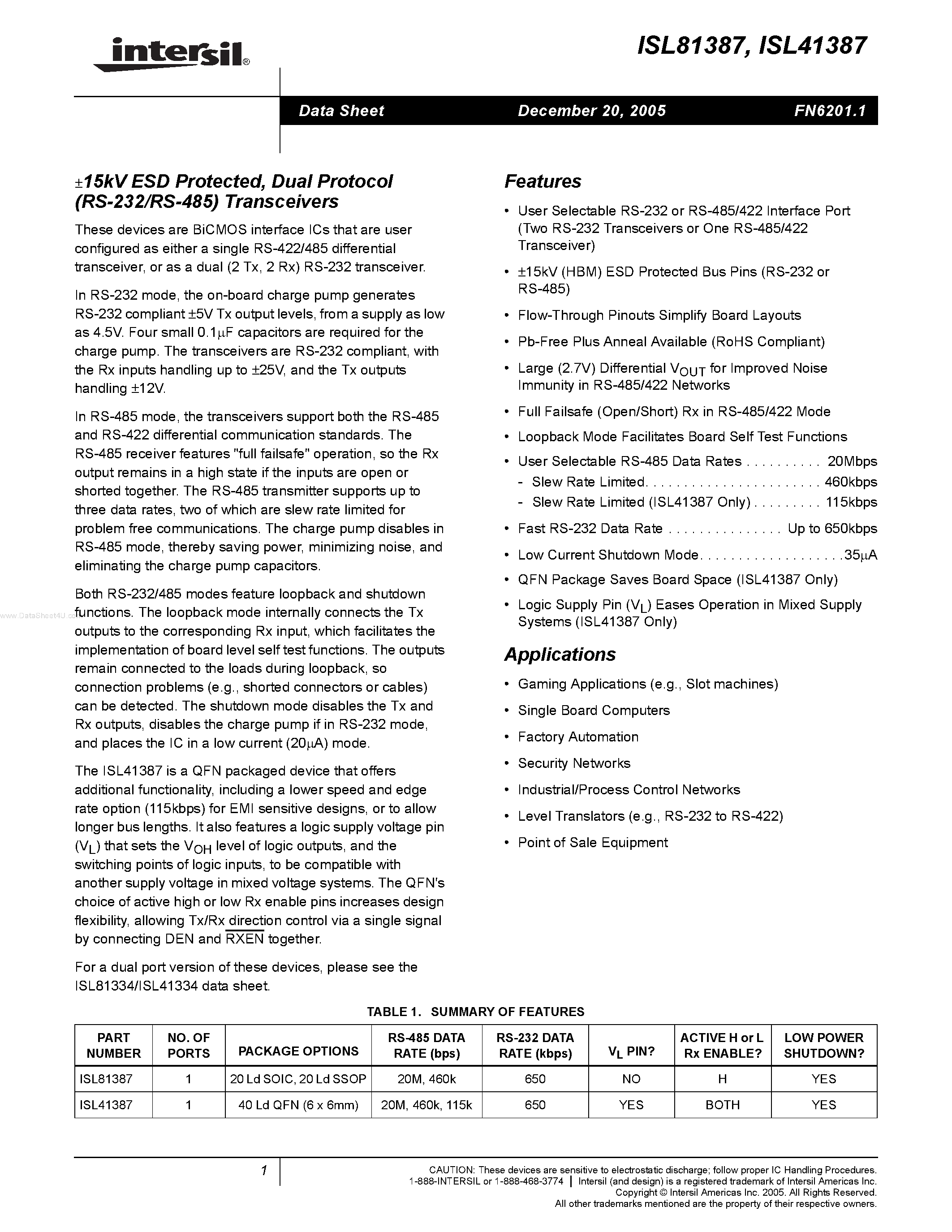 Datasheet ISL41387 - (ISL41387 / ISL81387) Dual Protocol (RS-232/RS-485) Transceivers page 1