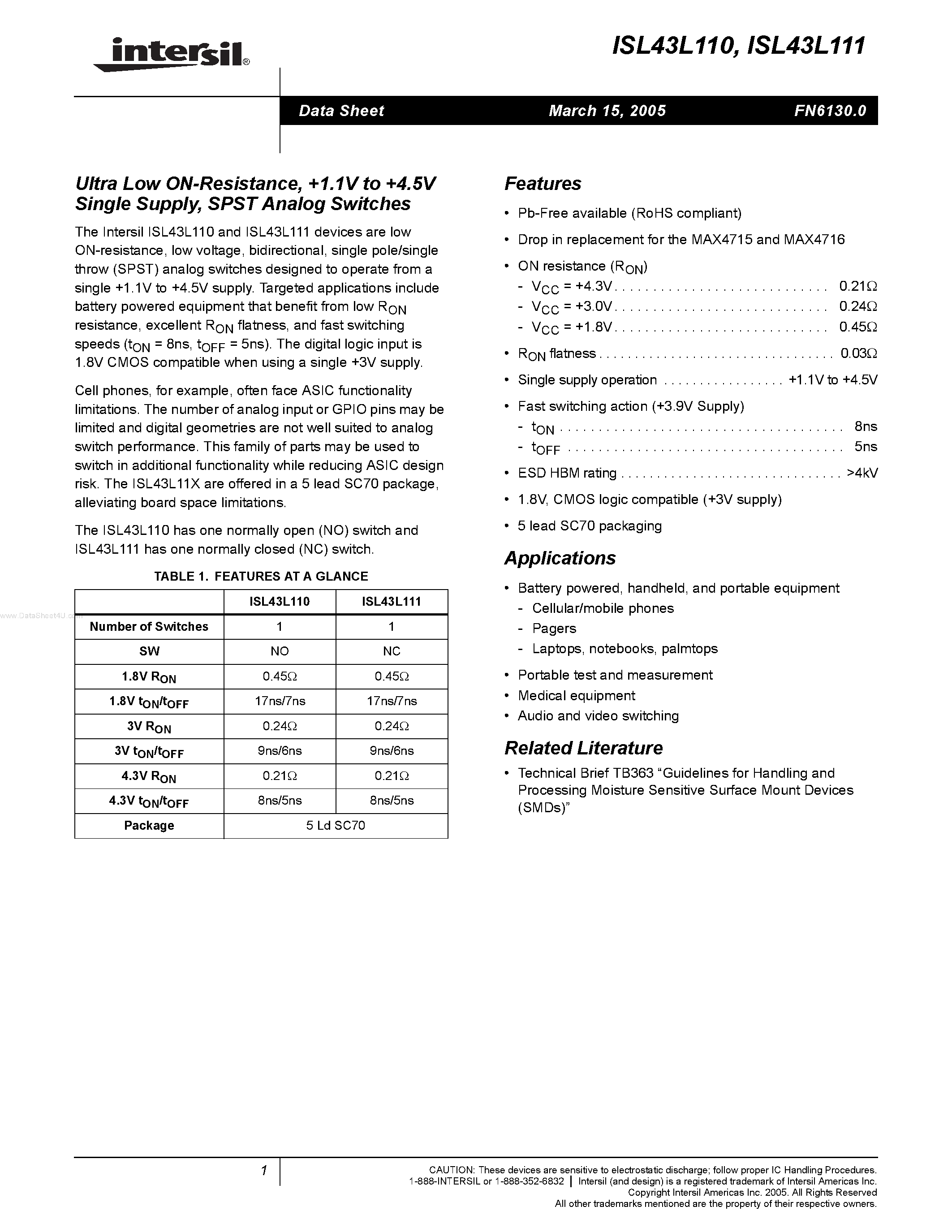 Даташит ISL43L110 - (ISL43L110 / ISL43L111) SPST Analog Switches страница 1