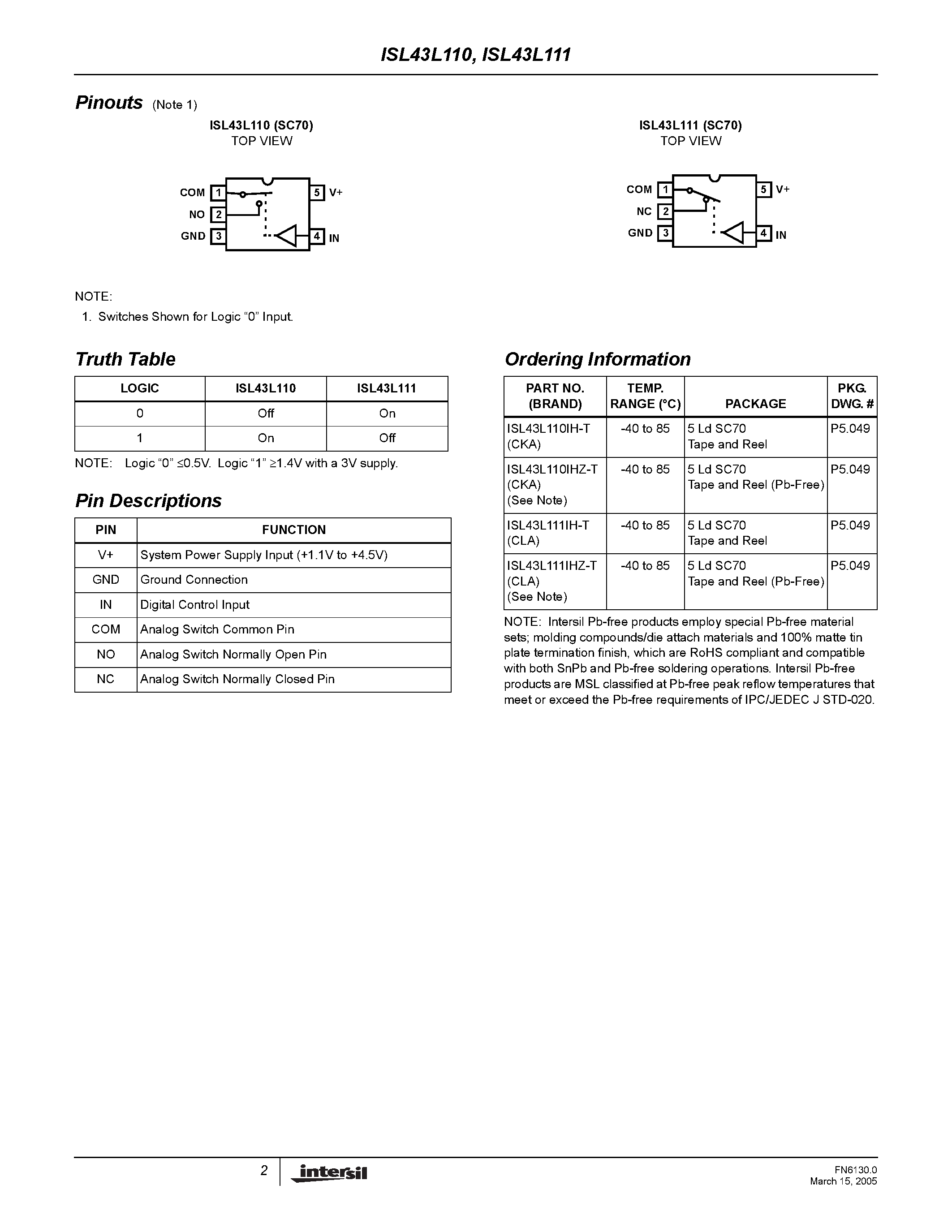 Даташит ISL43L110 - (ISL43L110 / ISL43L111) SPST Analog Switches страница 2