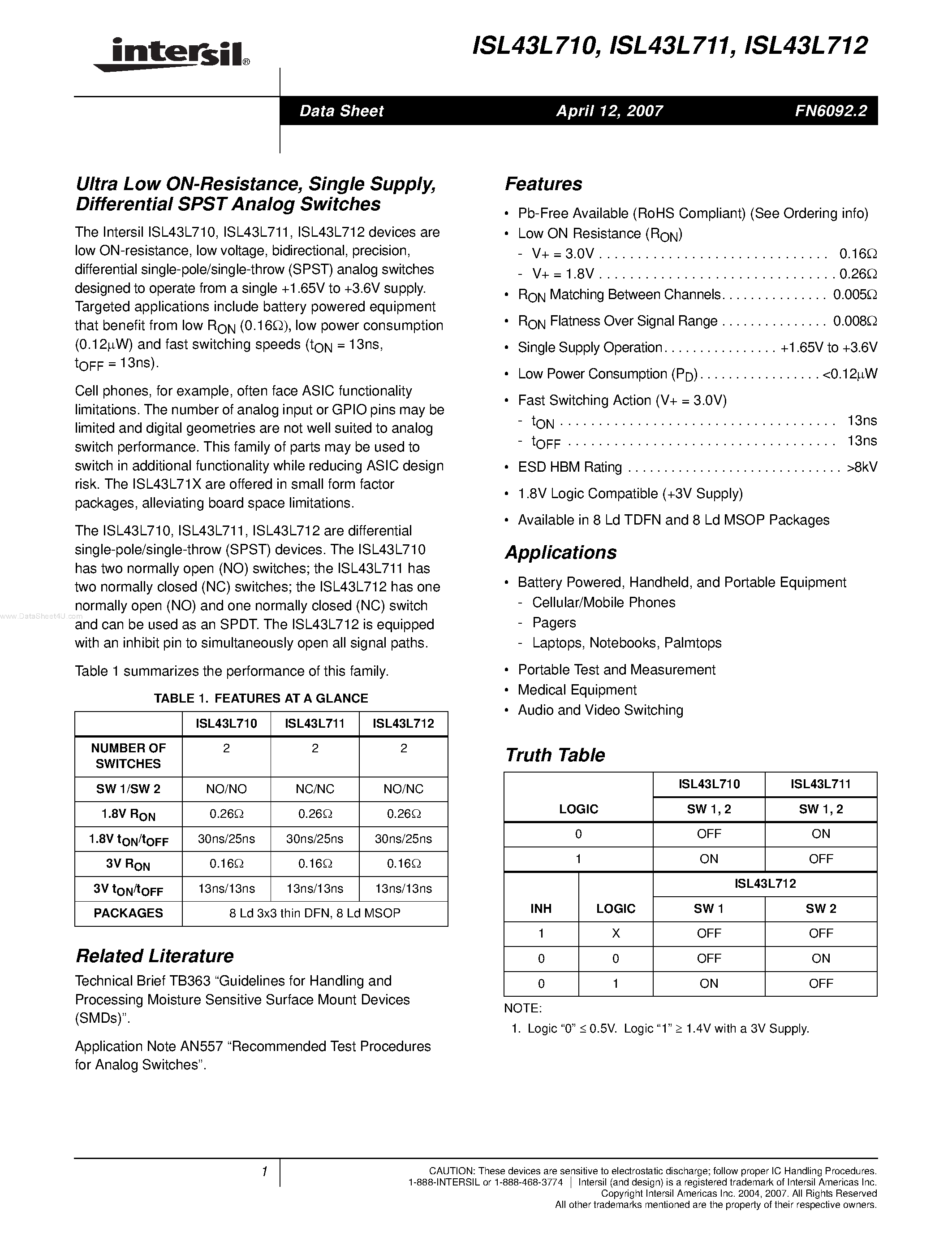 Даташит ISL43L711 - (ISL43L710 - ISL43L712) Differential SPST Analog Switches страница 1