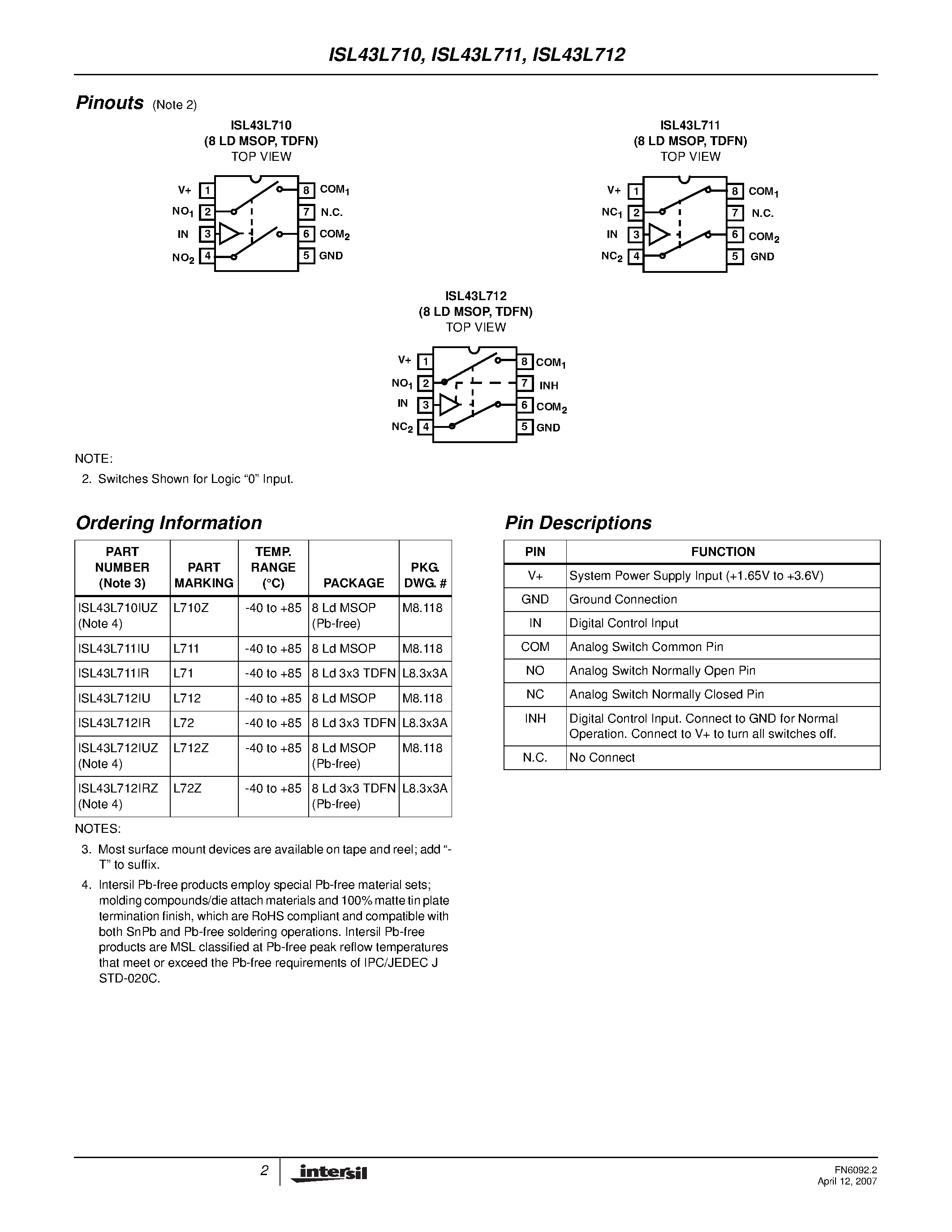 Даташит ISL43L711 - (ISL43L710 - ISL43L712) Differential SPST Analog Switches страница 2