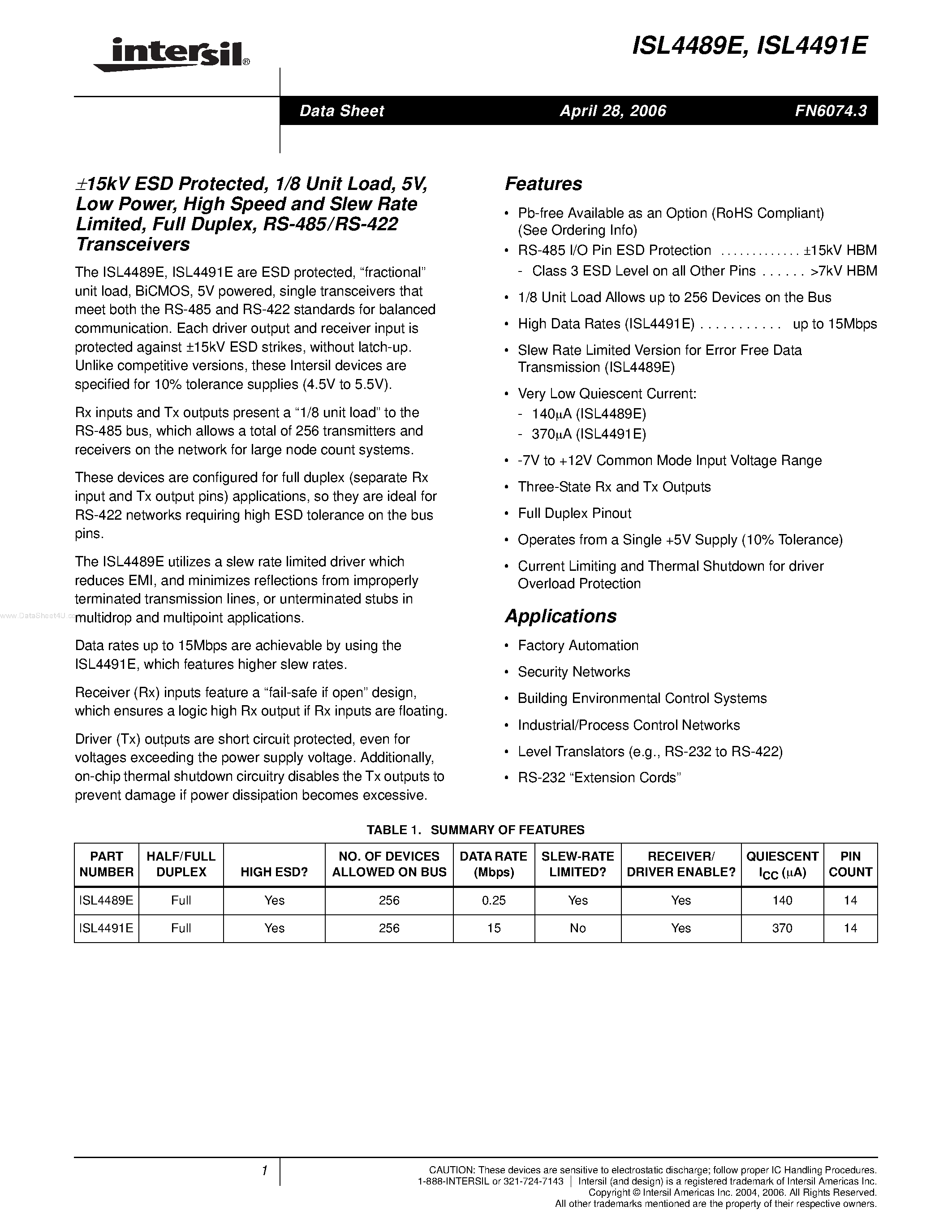 Даташит ISL4489E - (ISL4489E / ISL4491E) RS-485/RS-422 Transceivers страница 1