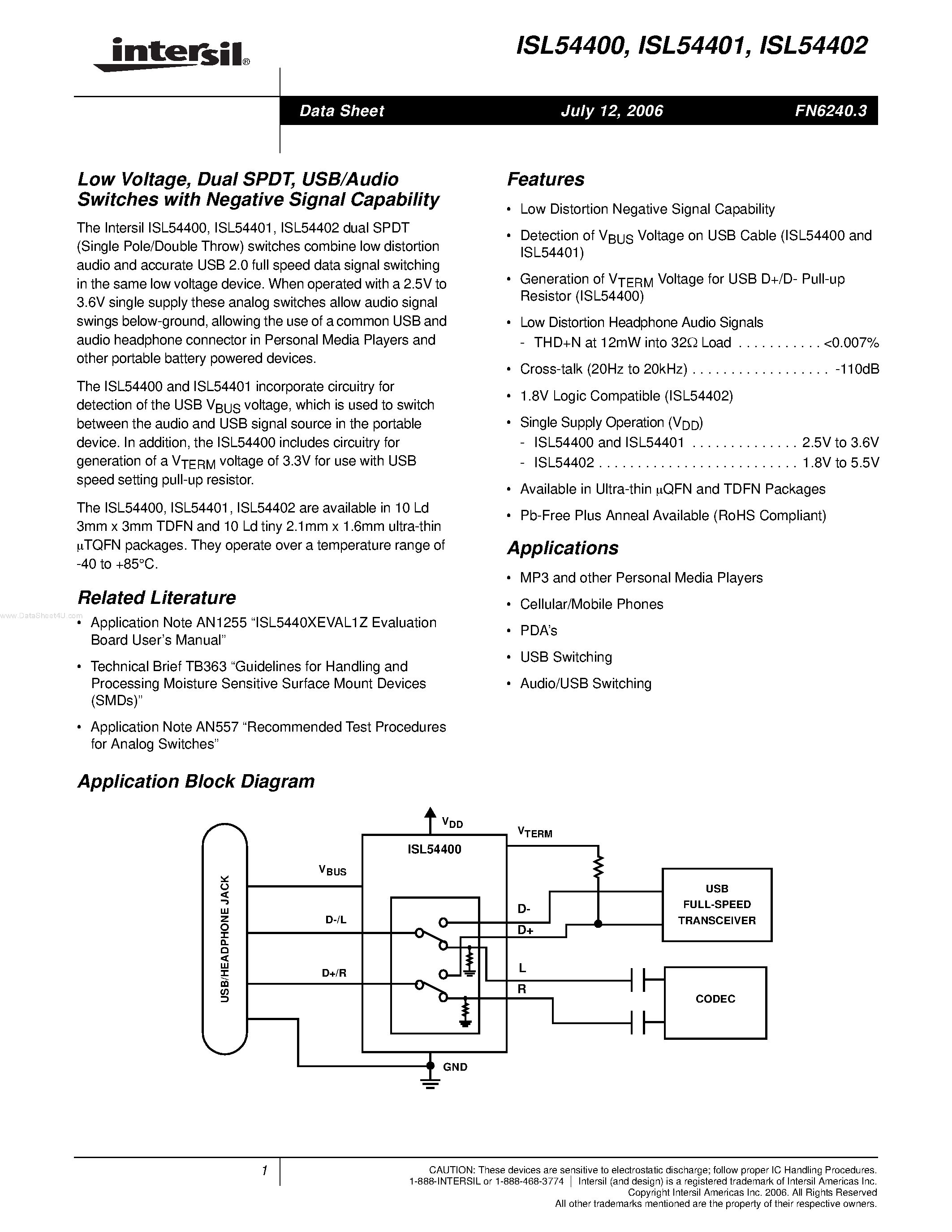 Даташит ISL54400 - (ISL54400 - ISL54402) USB/Audio Switches страница 1