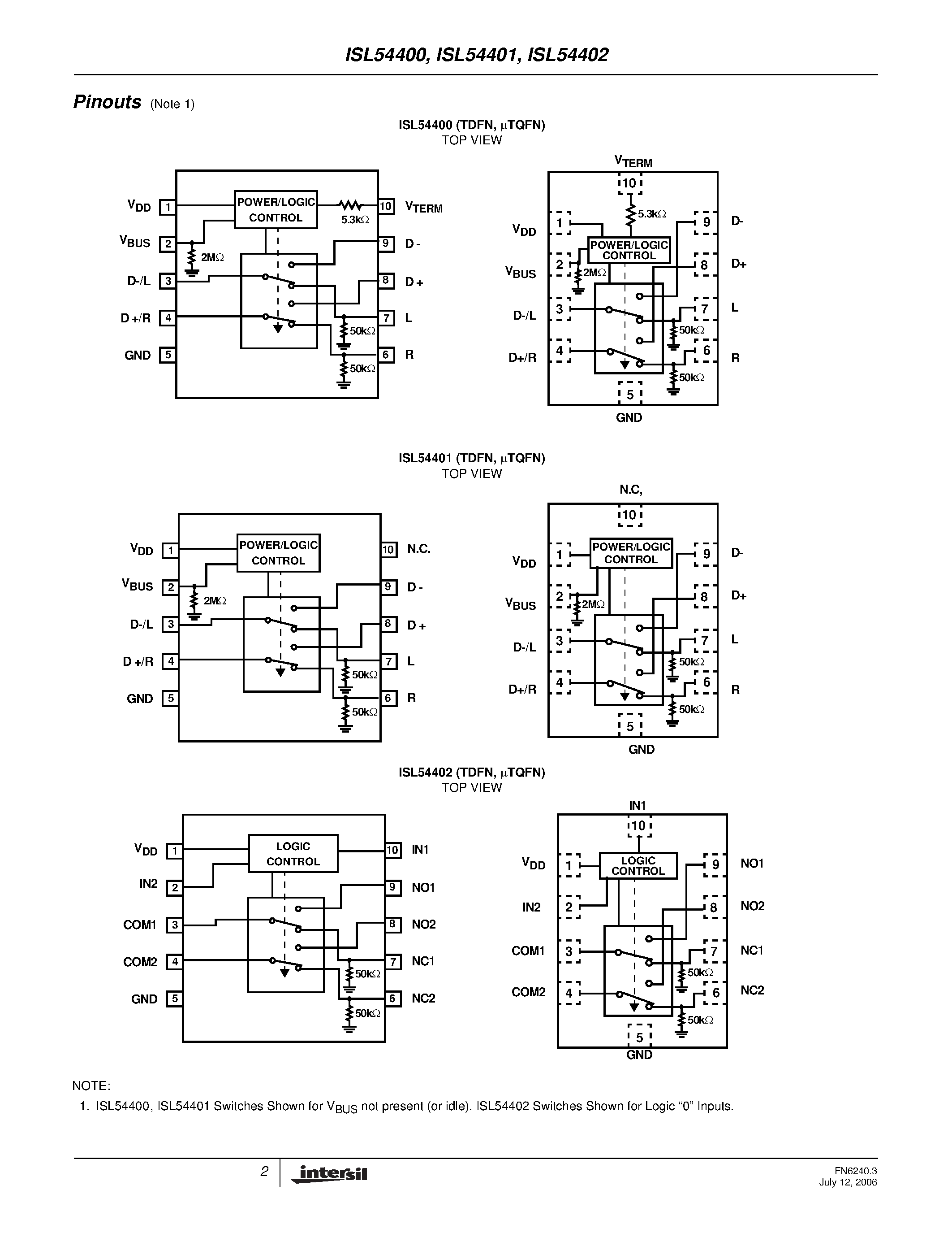 Даташит ISL54400 - (ISL54400 - ISL54402) USB/Audio Switches страница 2