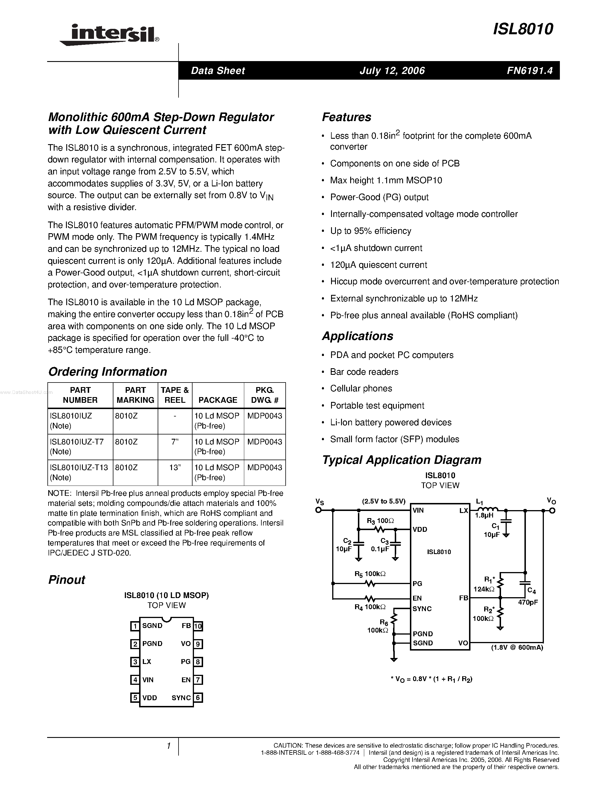 Datasheet ISL8010 - Monolithic 600mA Step-Down Regulator page 1