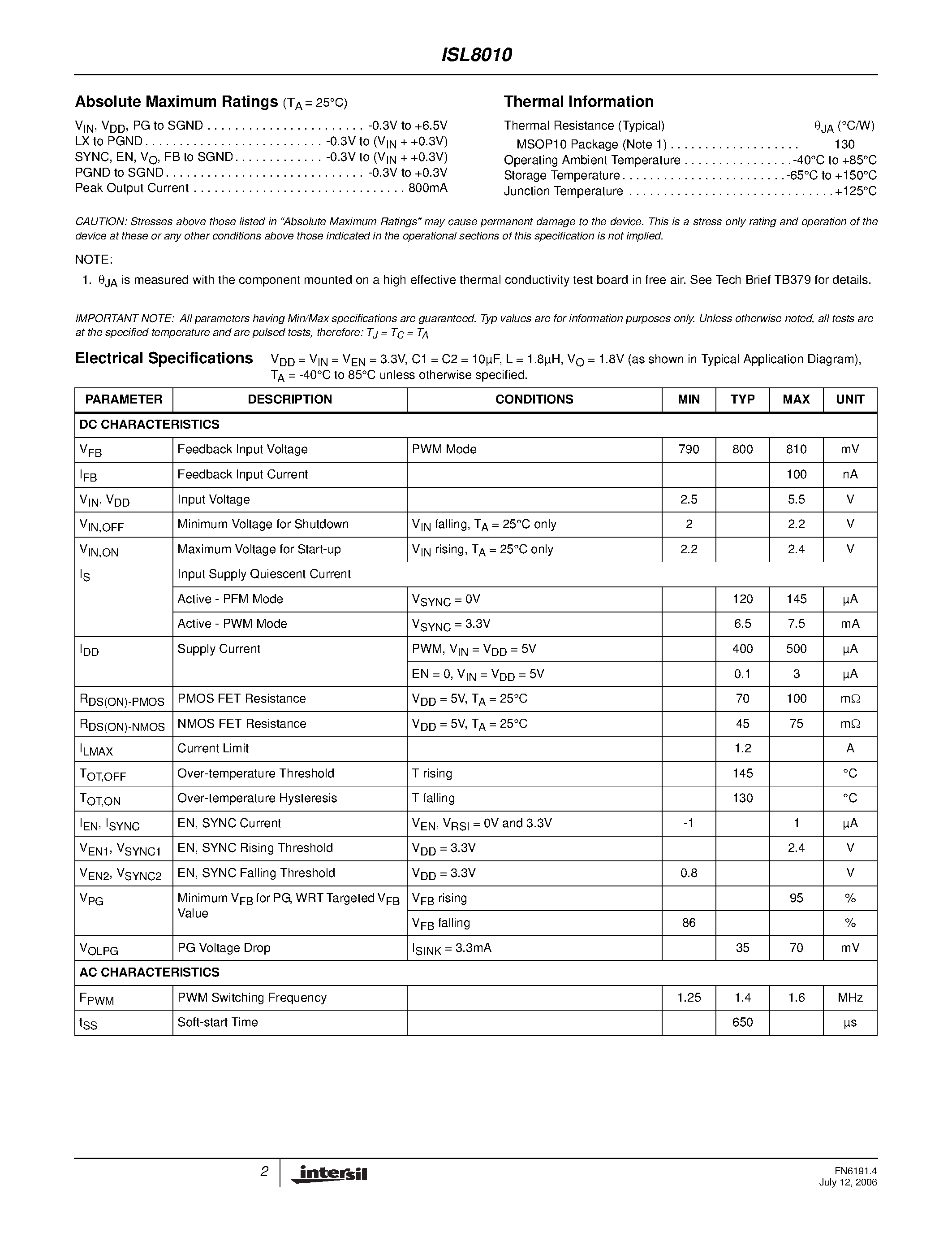 Datasheet ISL8010 - Monolithic 600mA Step-Down Regulator page 2