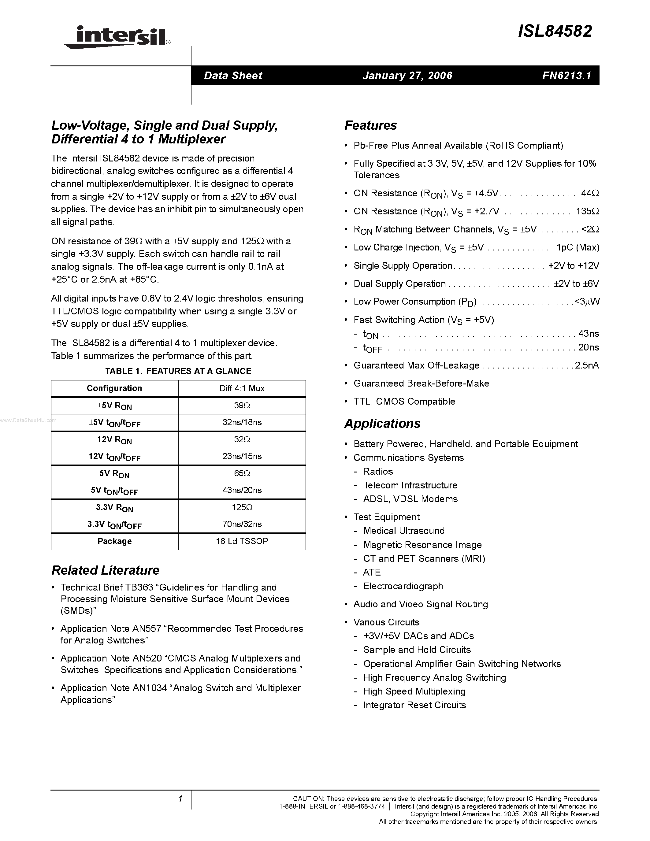 Datasheet ISL84582 - Differential 4 to 1 Multiplexer page 1