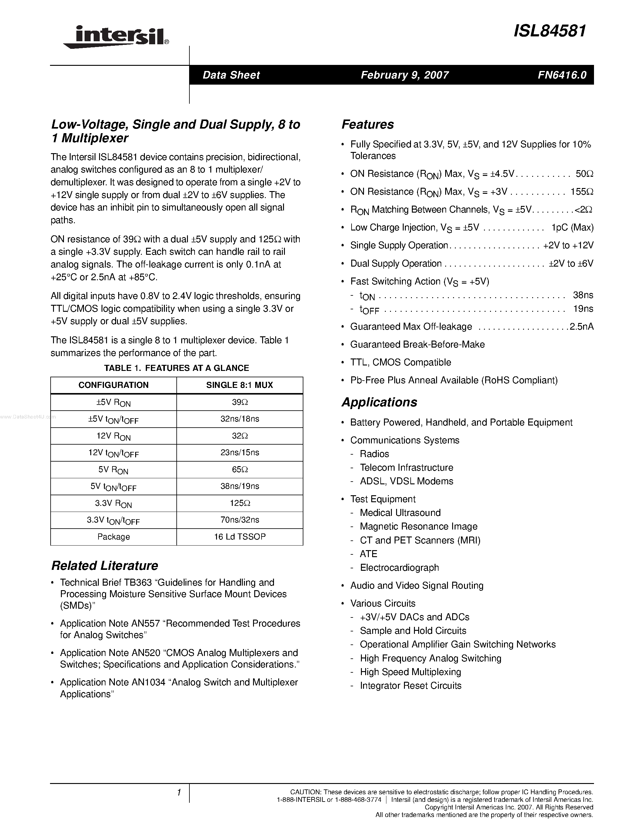 Datasheet ISL84581 - 8 to 1 Multiplexer page 1