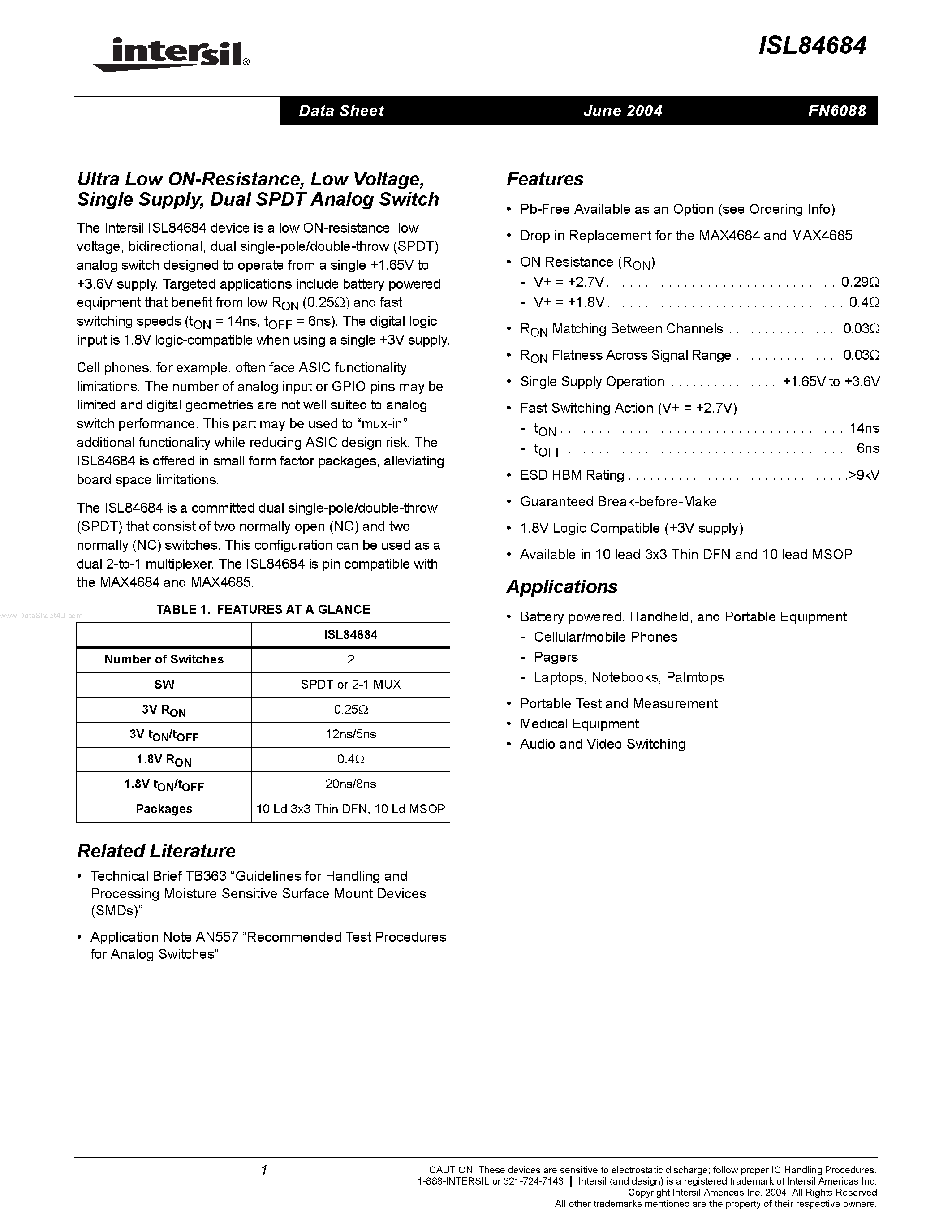 Datasheet ISL84684 - Dual SPDT Analog Switch page 1