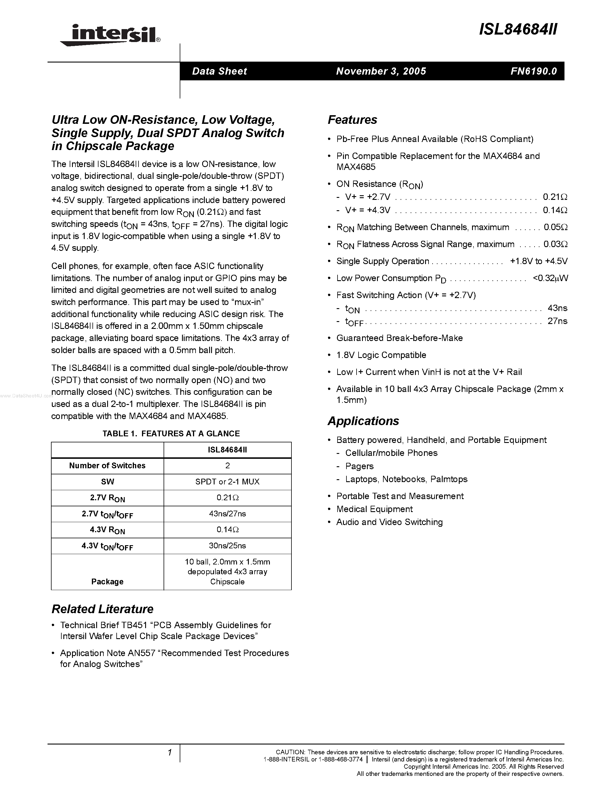 Datasheet ISL84684II - Dual SPDT Analog Switch page 1