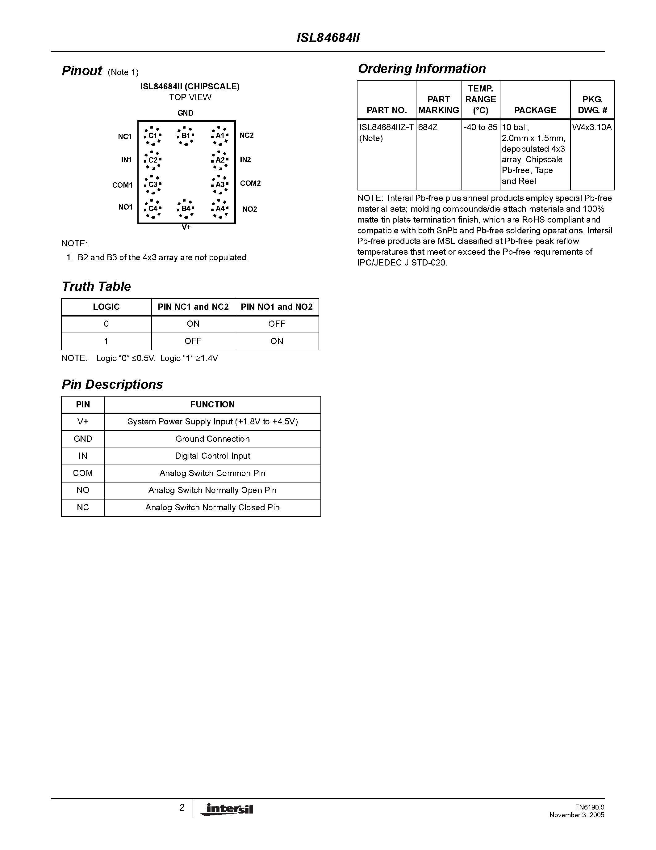 Datasheet ISL84684II - Dual SPDT Analog Switch page 2