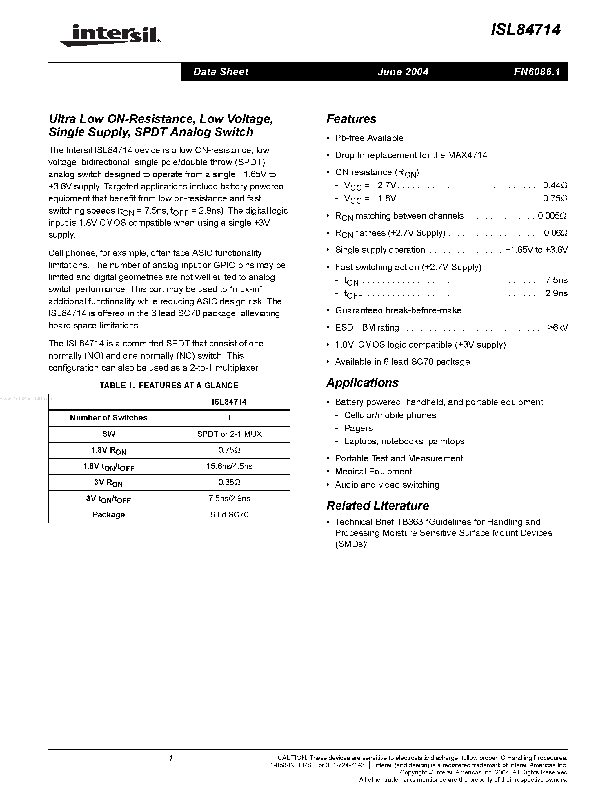 Datasheet ISL84714 - SPDT Analog Switch page 1