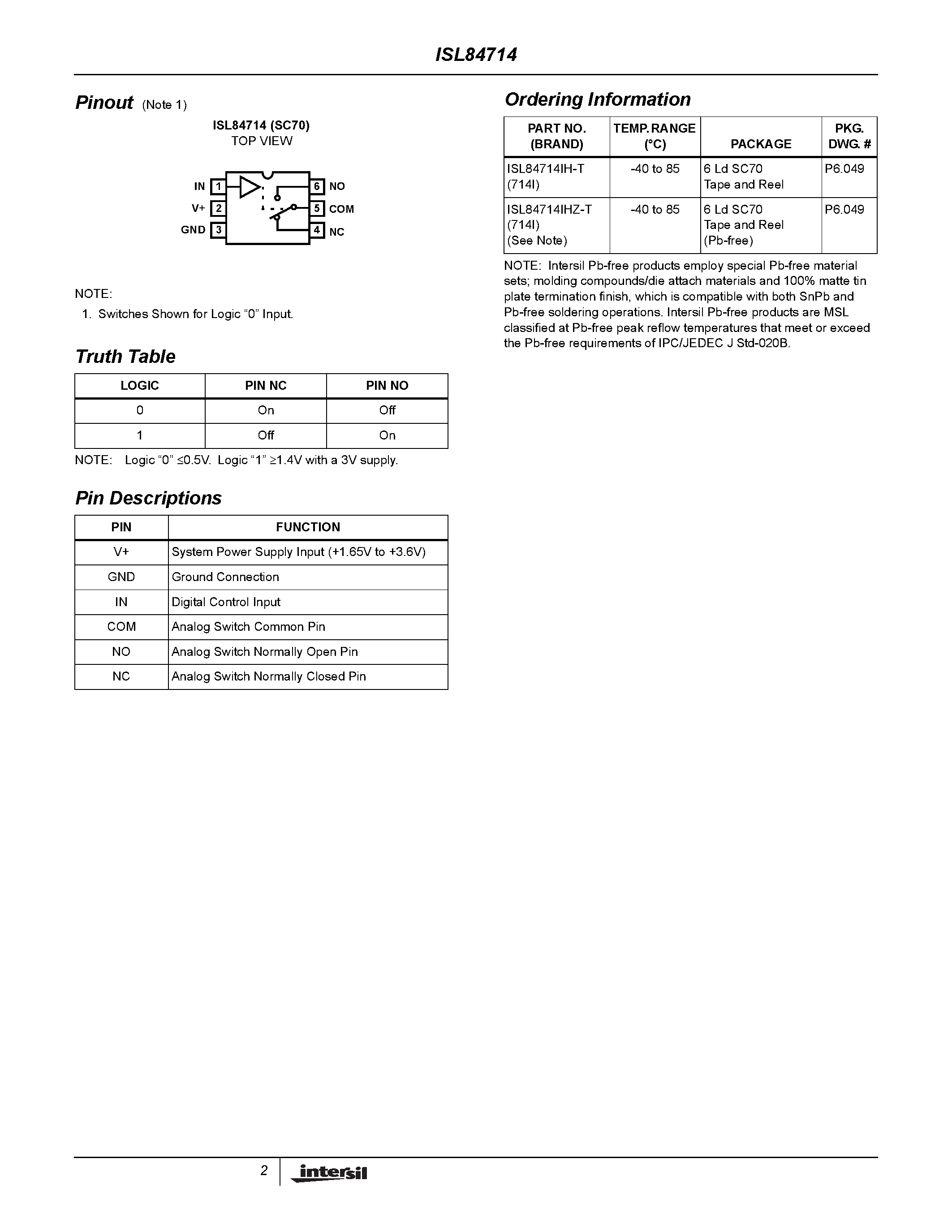 Datasheet ISL84714 - SPDT Analog Switch page 2