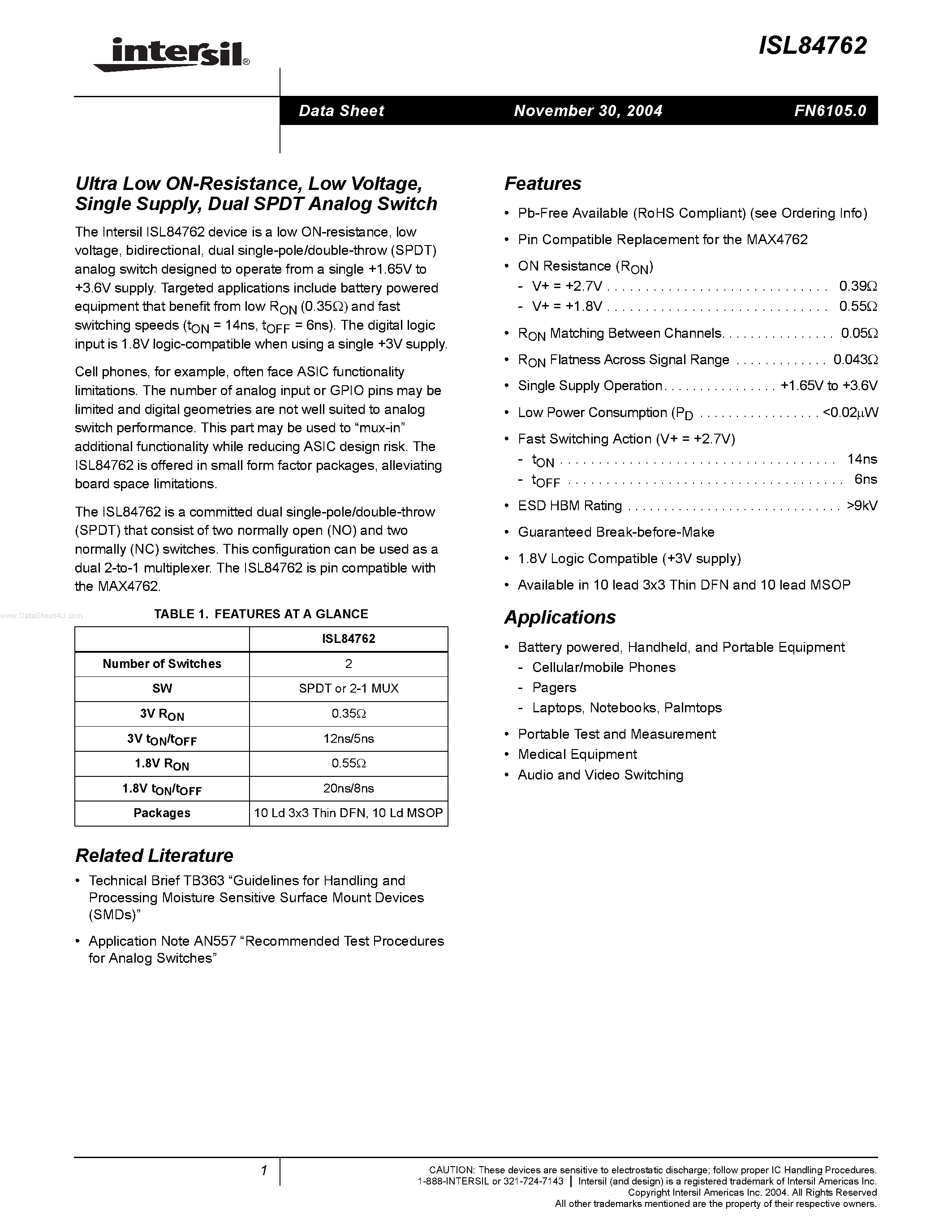 Datasheet ISL84762 - Dual SPDT Analog Switch page 1