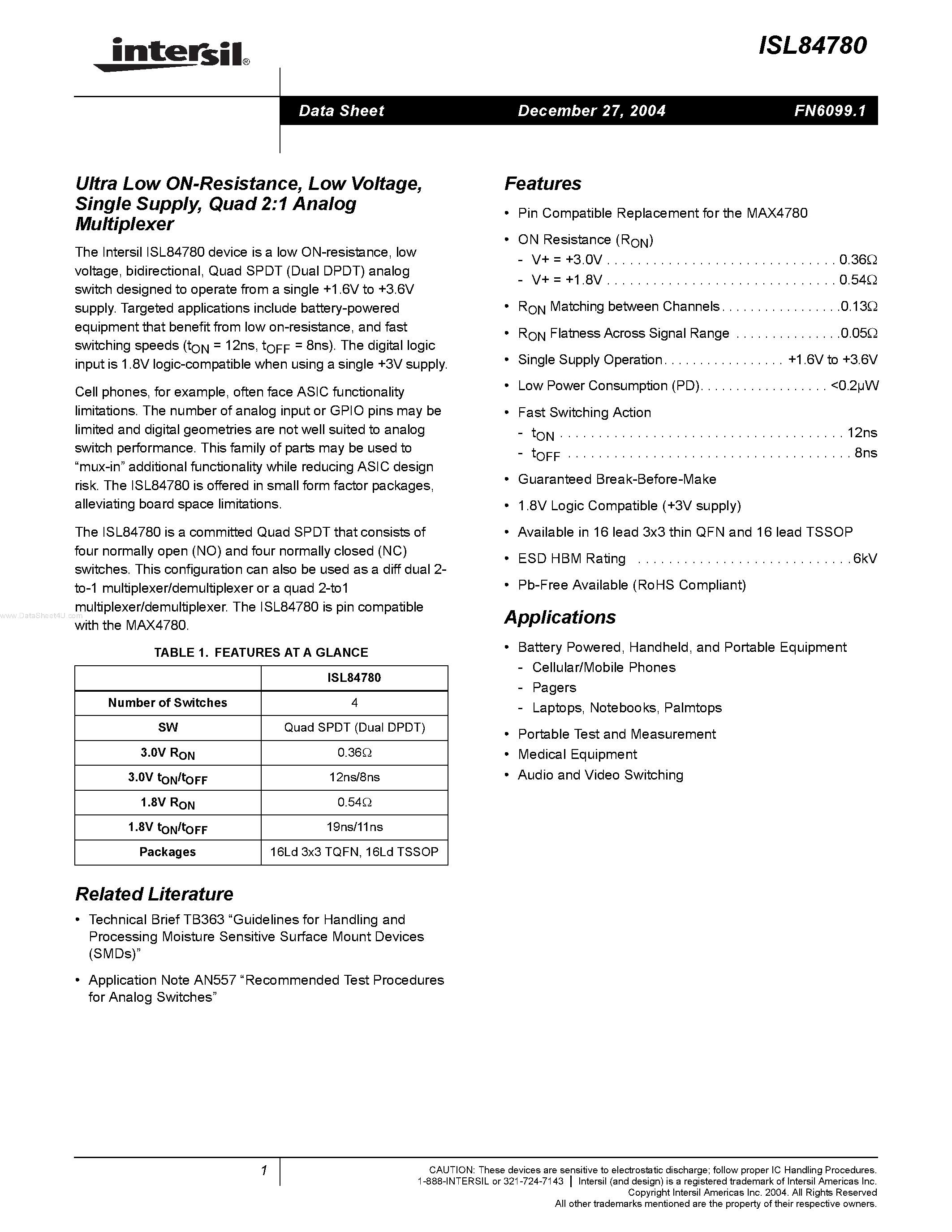 Datasheet ISL84780 - Quad 2:1 Analog Multiplexer page 1