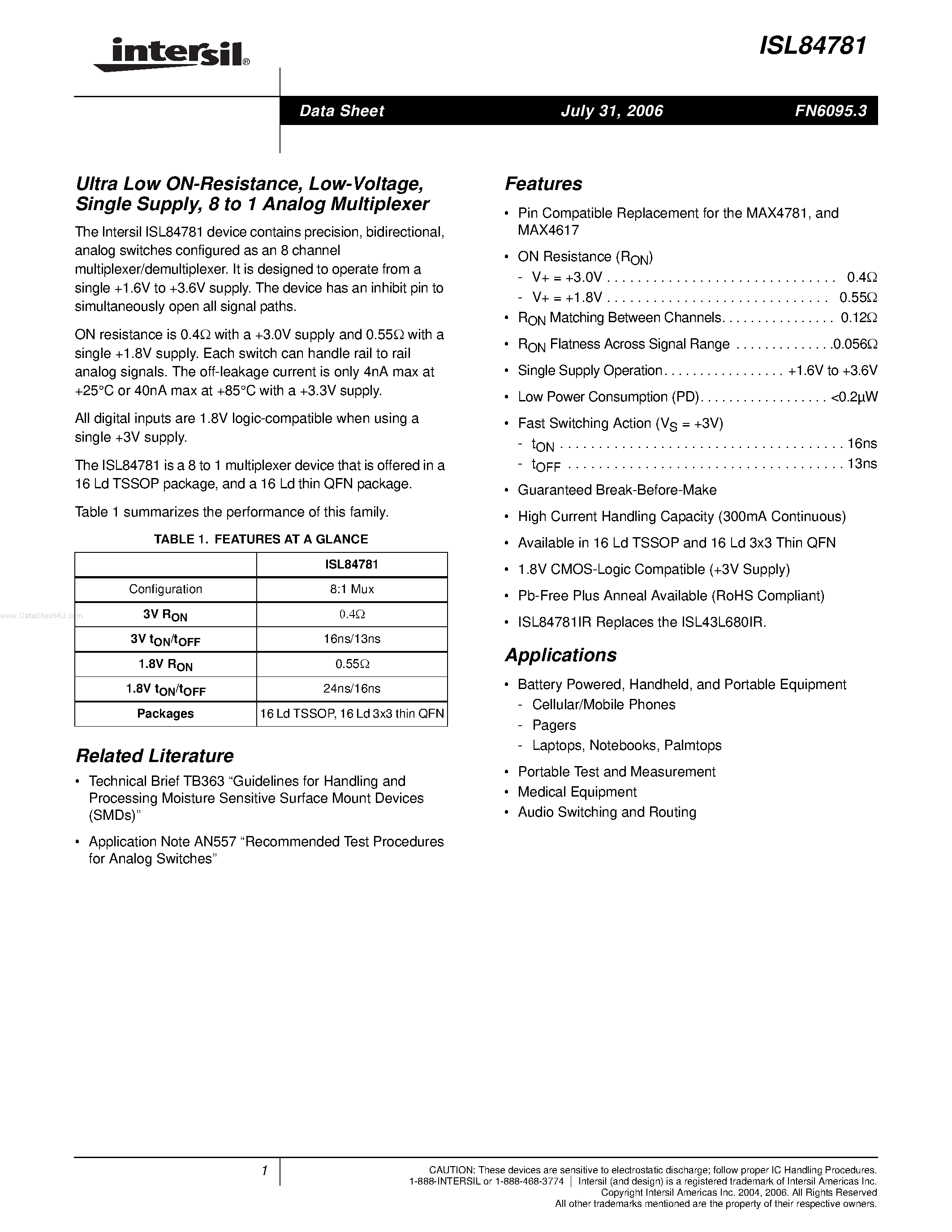 Datasheet ISL84781 - 8 to 1 Analog Multiplexer page 1