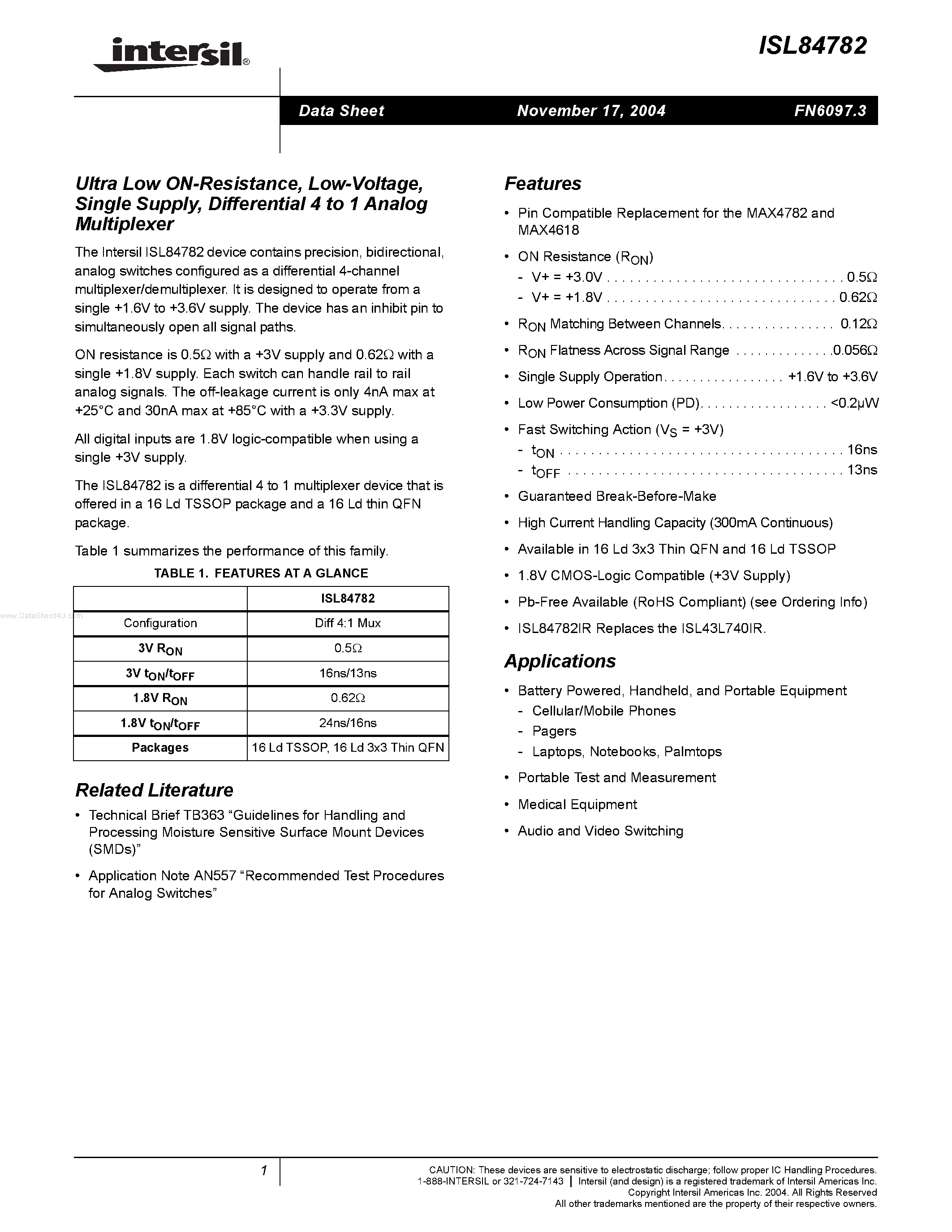 Datasheet ISL84782 - Differential 4 to 1 Analog Multiplexer page 1