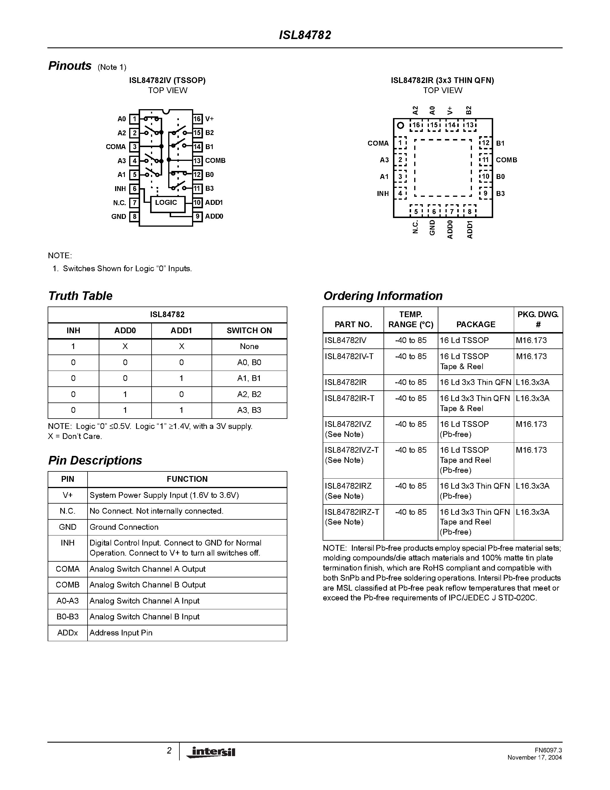 Datasheet ISL84782 - Differential 4 to 1 Analog Multiplexer page 2