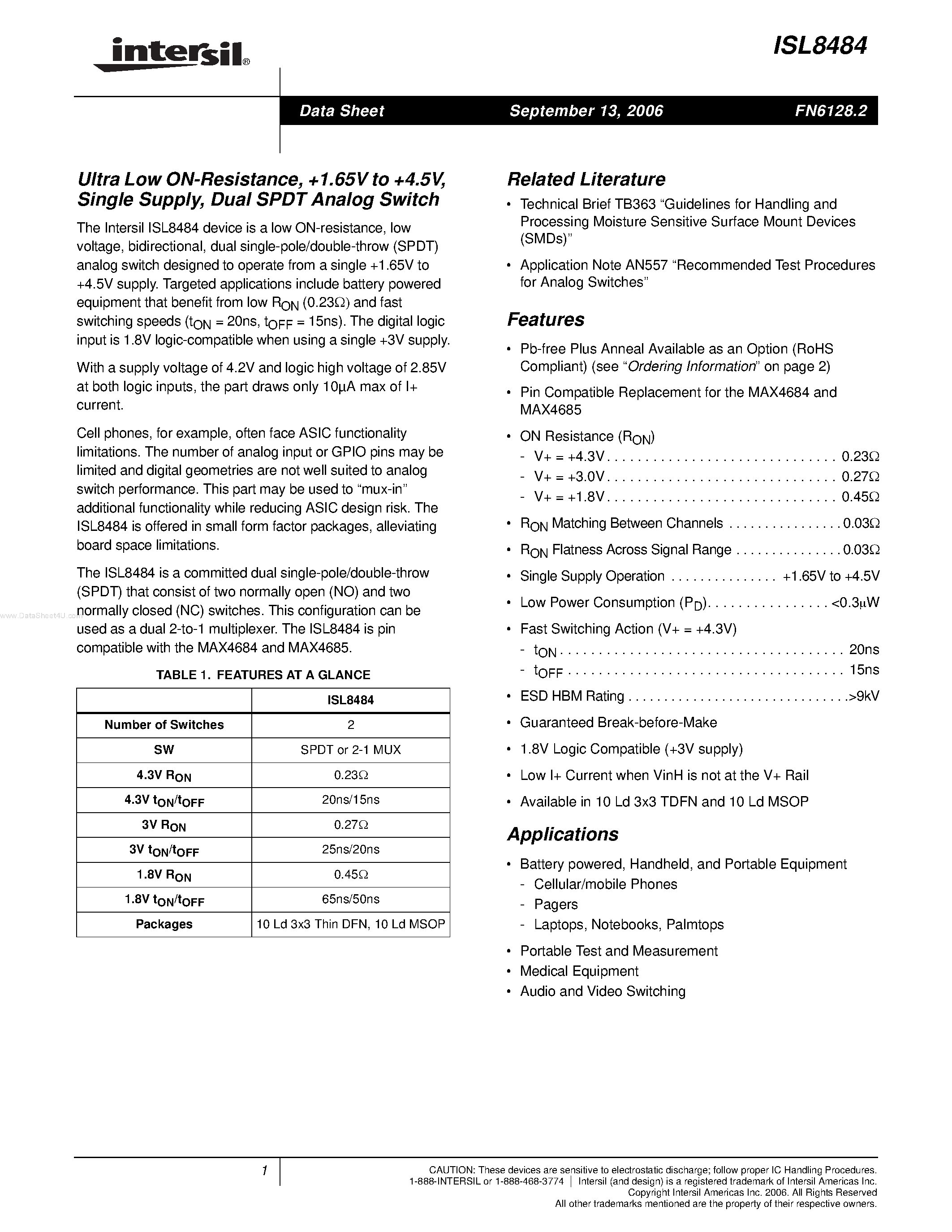 Datasheet ISL8484 - Dual SPDT Analog Switch page 1