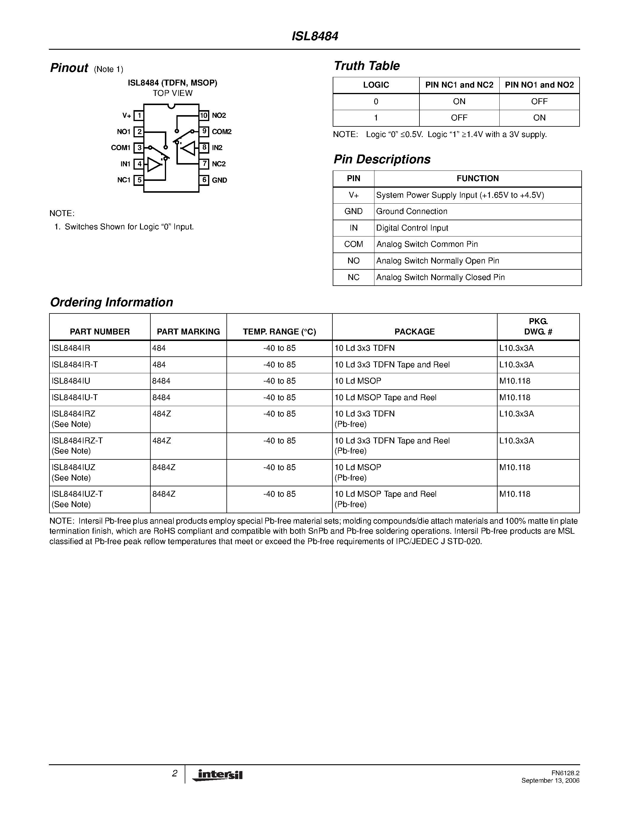 Datasheet ISL8484 - Dual SPDT Analog Switch page 2