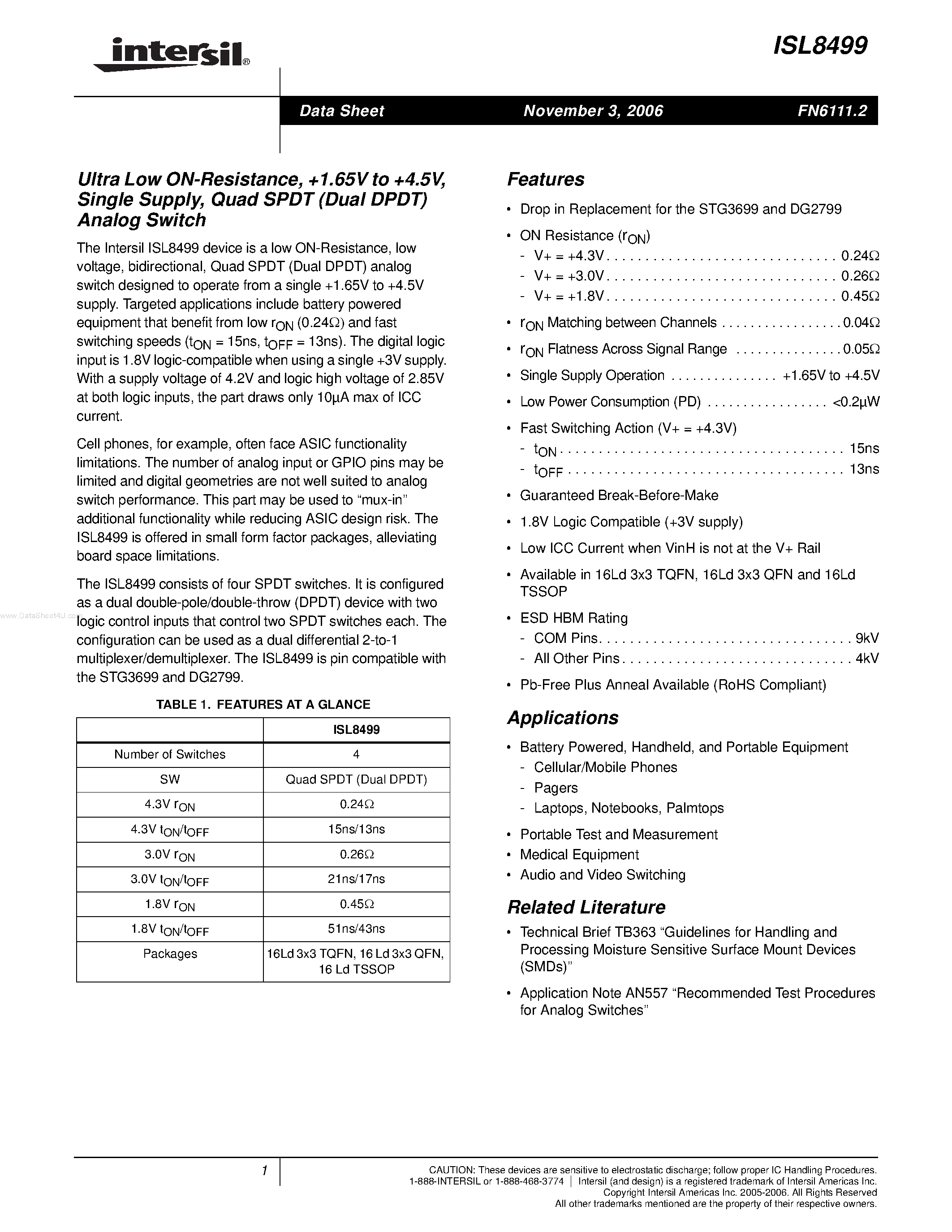 Datasheet ISL8499 - Quad SPDT (Dual DPDT) Analog Switch page 1