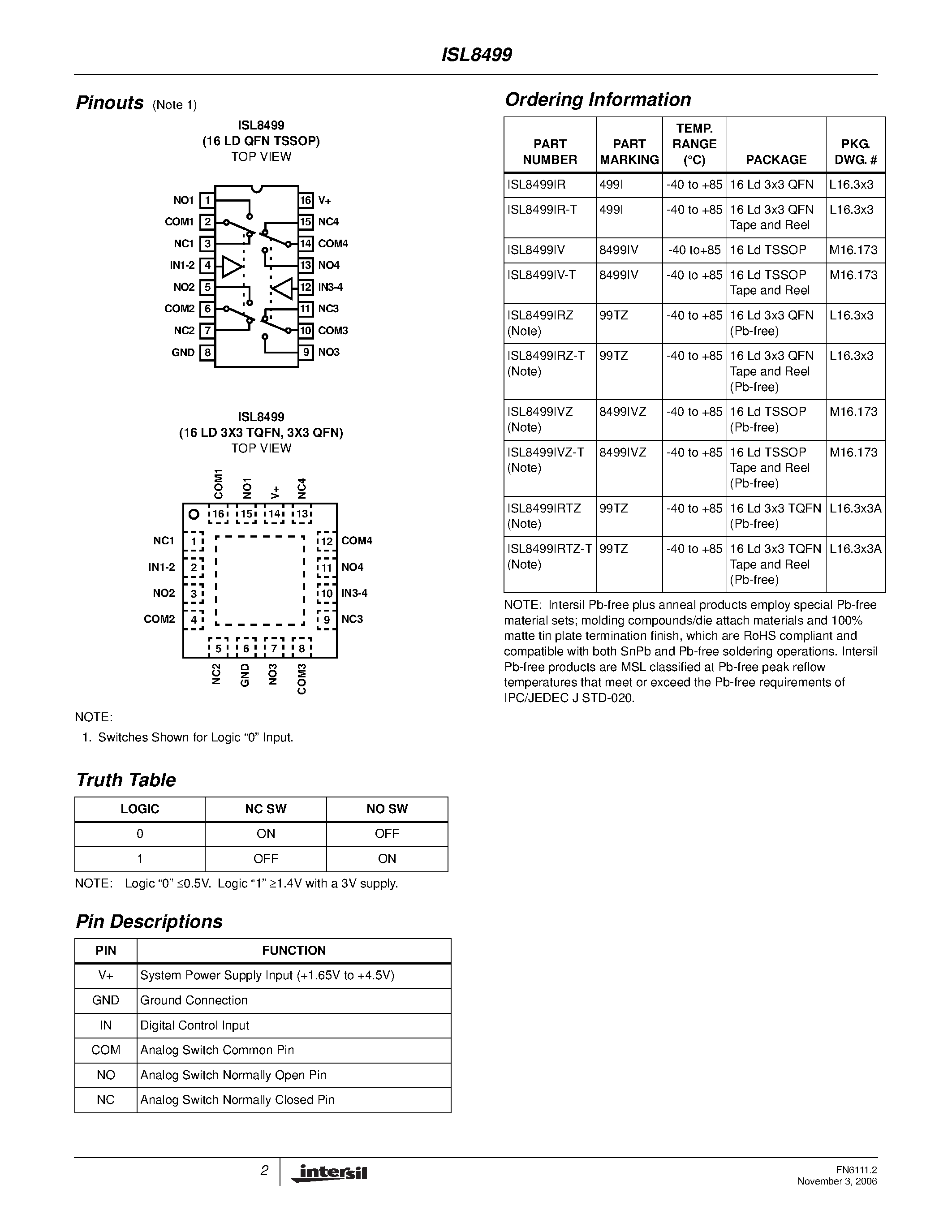 Datasheet ISL8499 - Quad SPDT (Dual DPDT) Analog Switch page 2