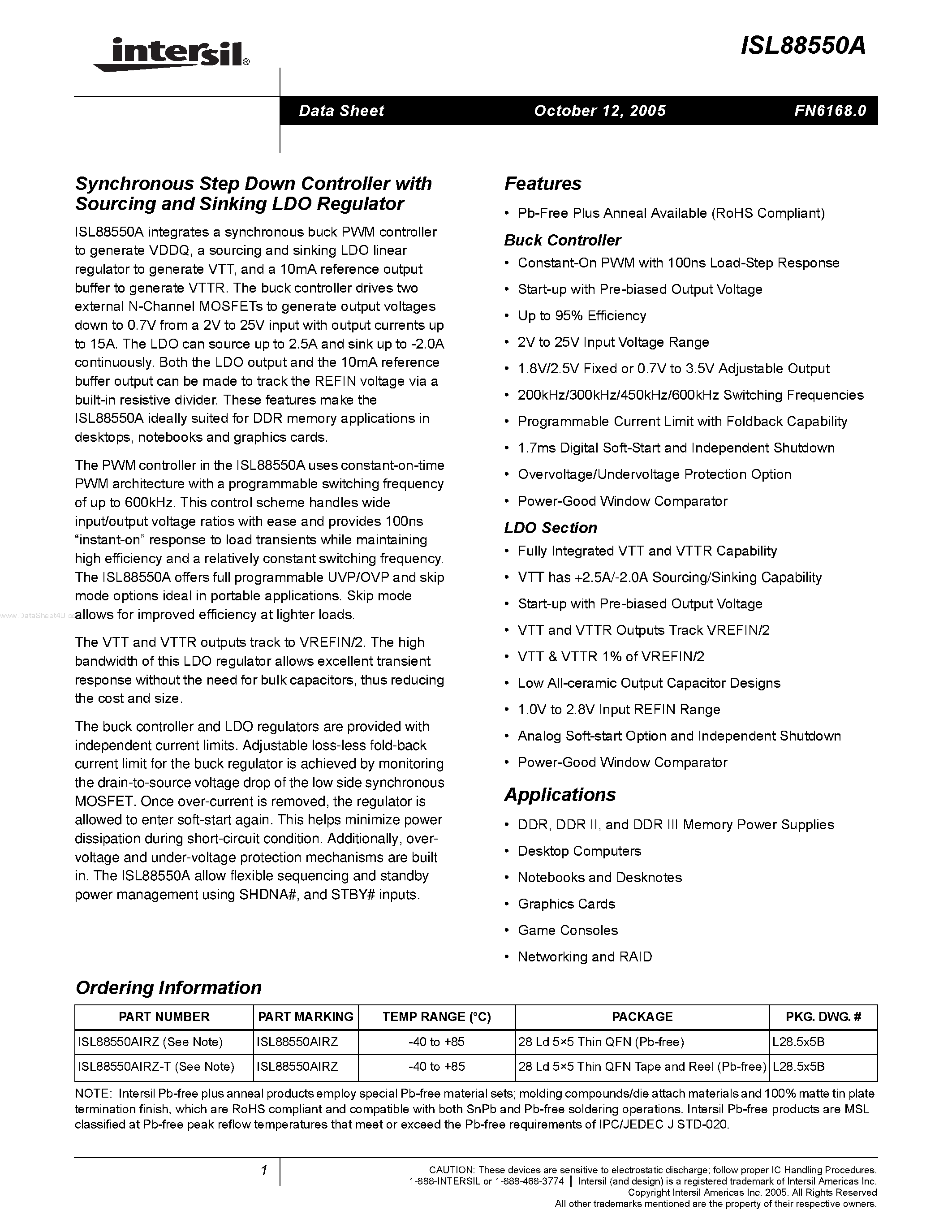 Datasheet ISL88550A - Synchronous Step Down Controller page 1