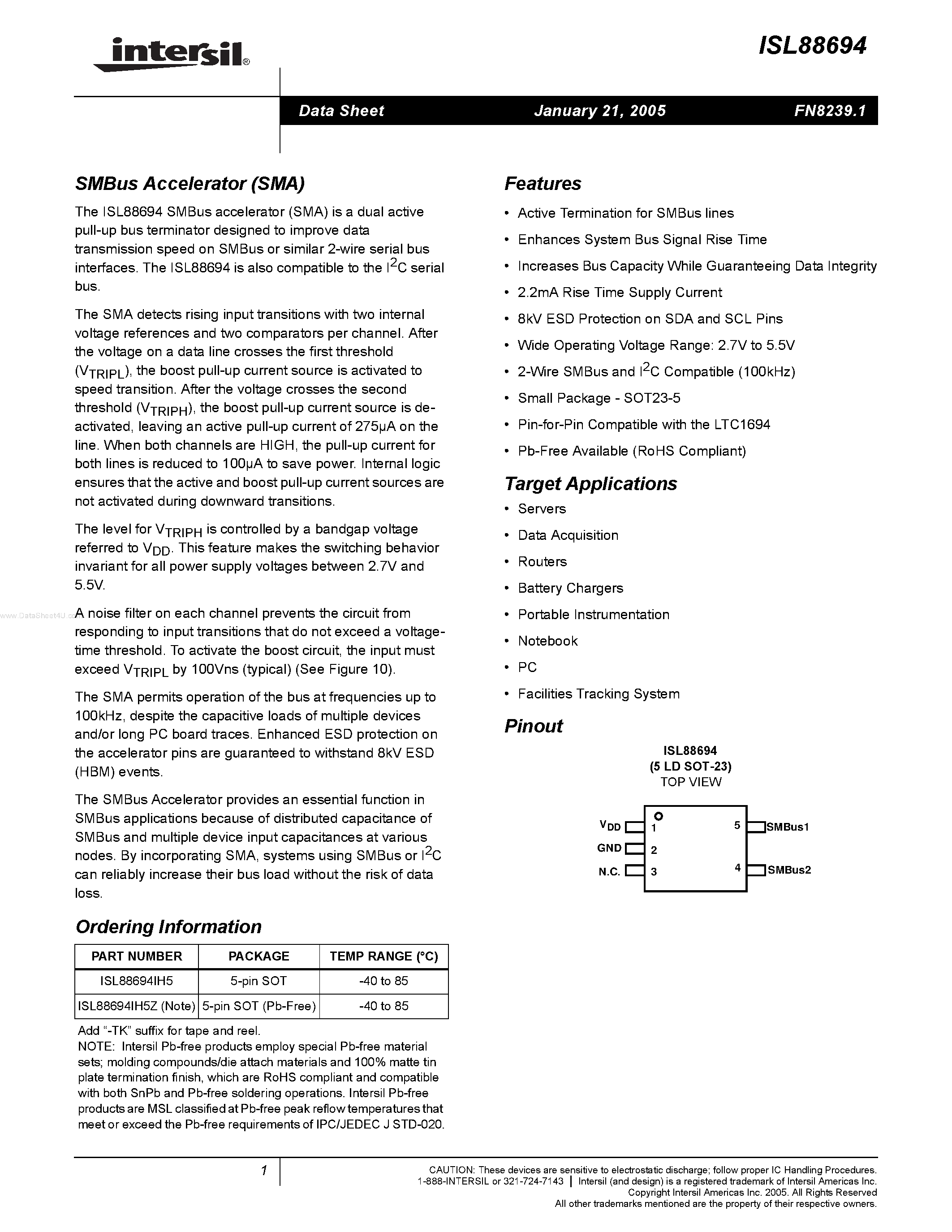 Datasheet ISL88694 - SMBus Accelerator page 1