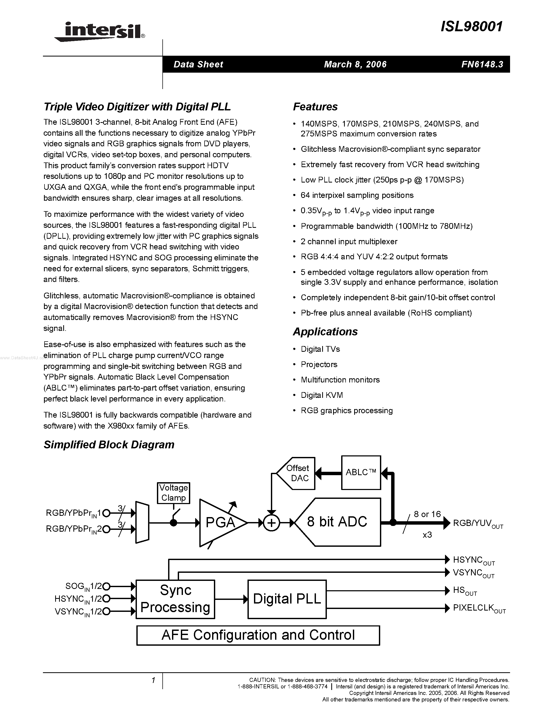 Datasheet ISL98001 - Triple Video Digitizer page 1