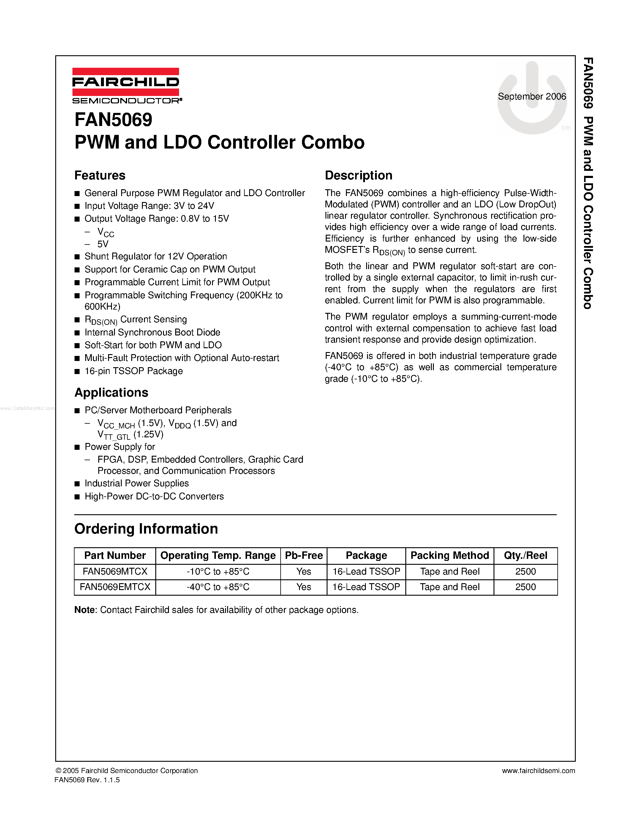 Даташит FAN5069 - PWM and LDO Controller Combo страница 1